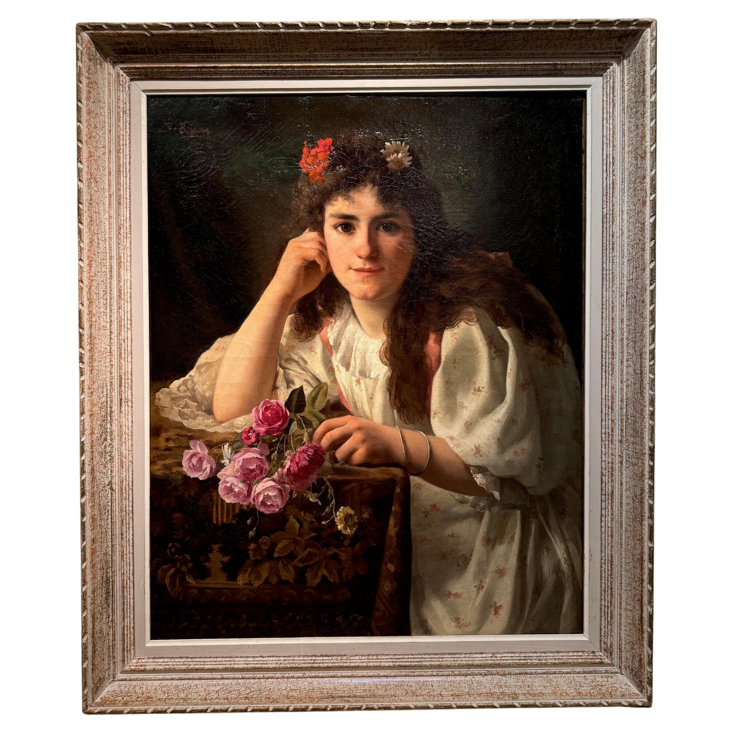 Ritratto di una giovane ragazza con un bouquet di rose, V.HUGON, 1896