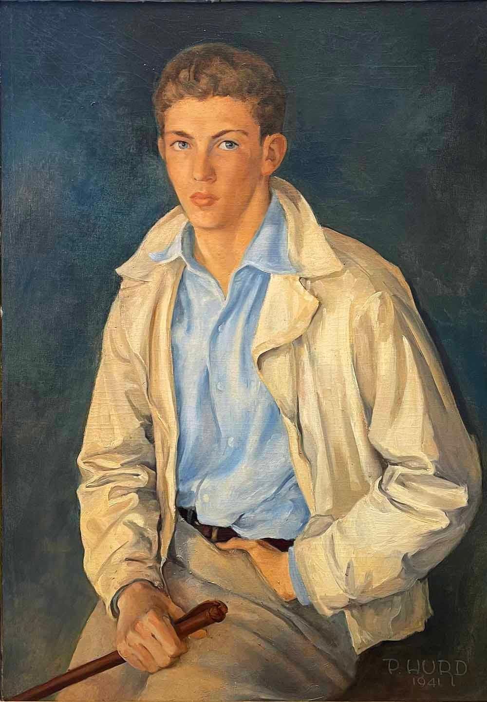Perhaps the finest portrait we have ever offered, this depiction of a young jockey in 1941, his complexion warm and glowing and his blue eyes echoing the color of his shirt, was painted by Peter Hurd, one of New Mexico's most important artists in