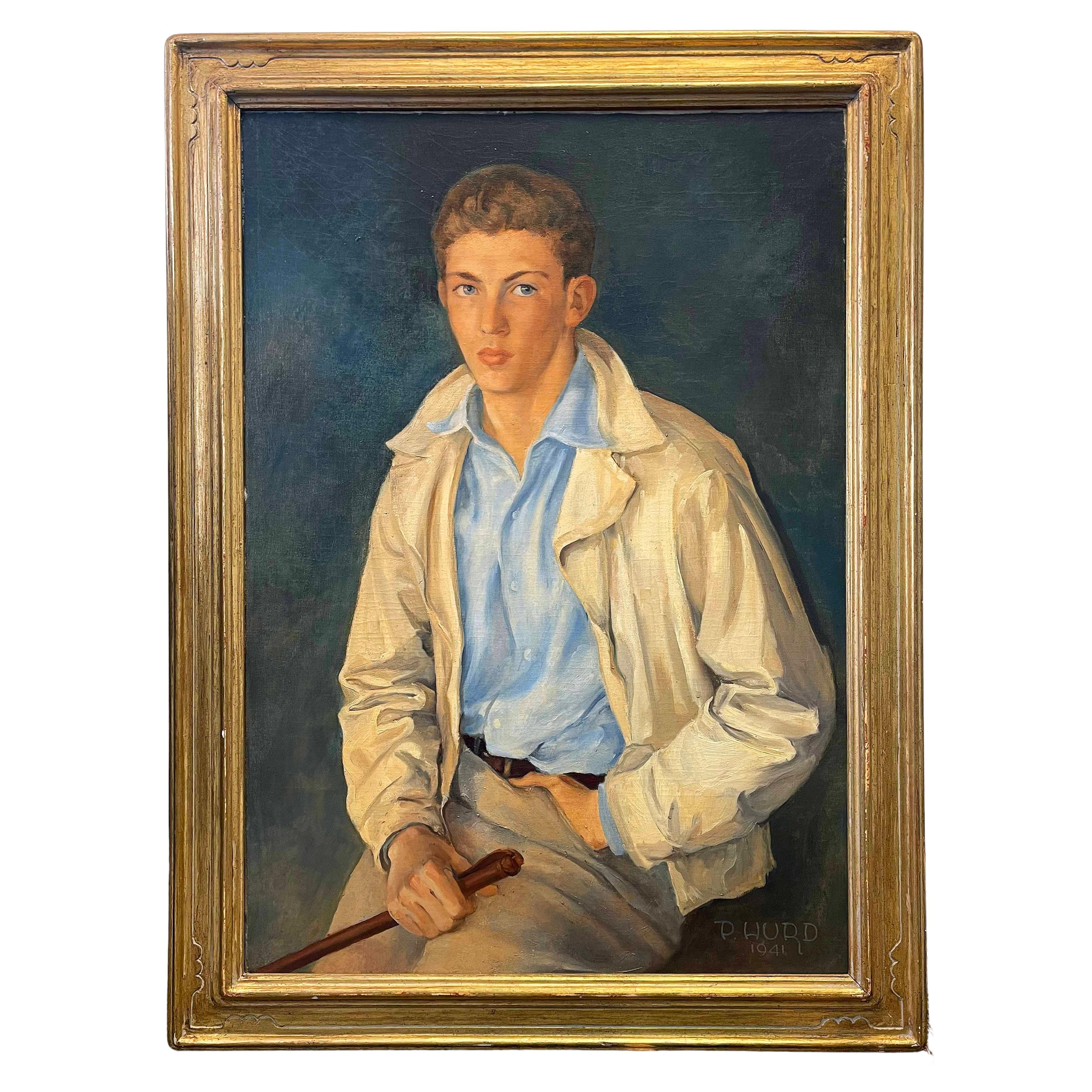 "Portrait d'un jeune jockey", Vivid, Superbe peinture de portrait par Peter Hurd en vente