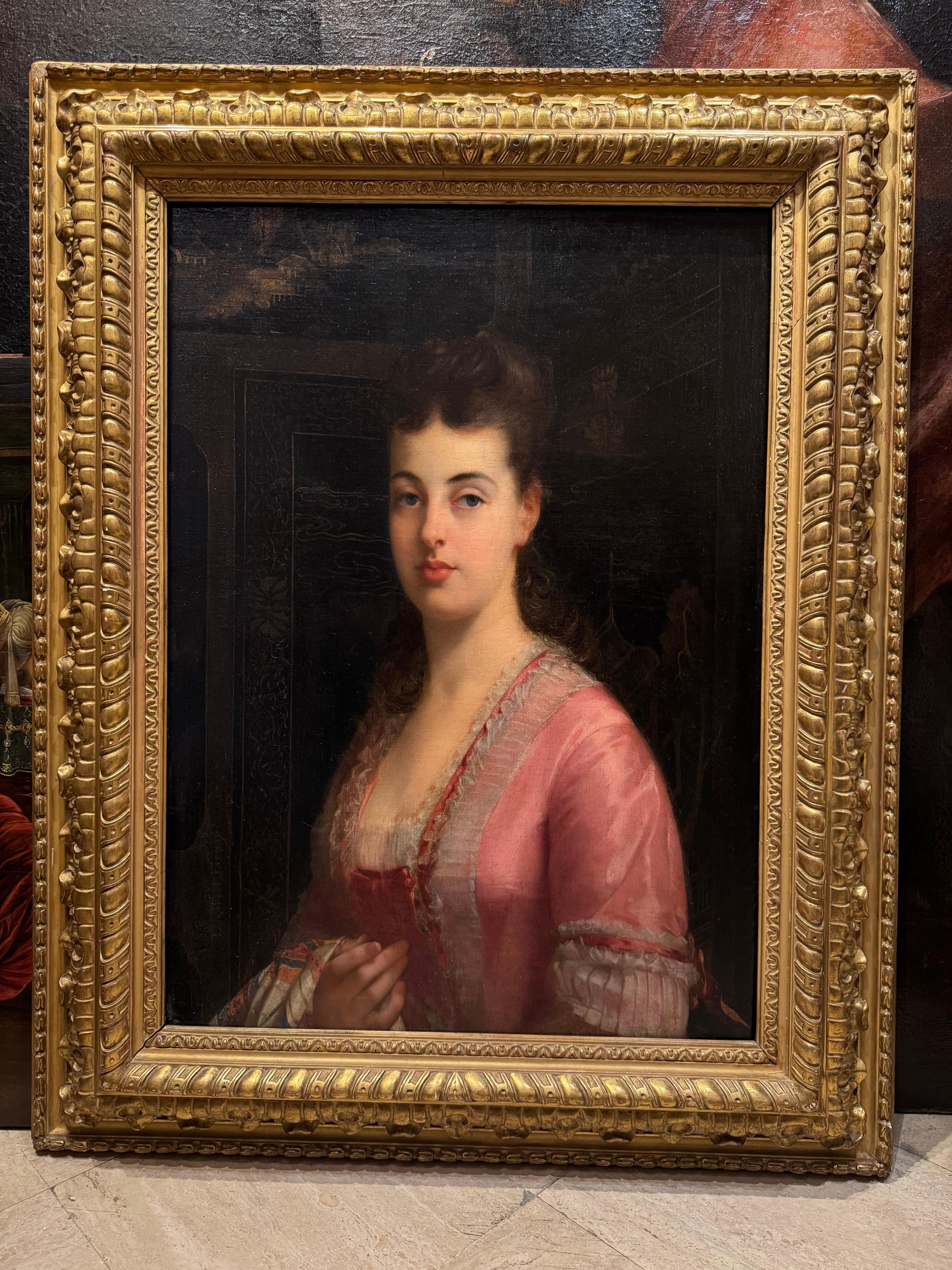 Napoleon III Portrait of a young lady wearing a pink dress, Tony Robert Fleury (1837-1911) For Sale