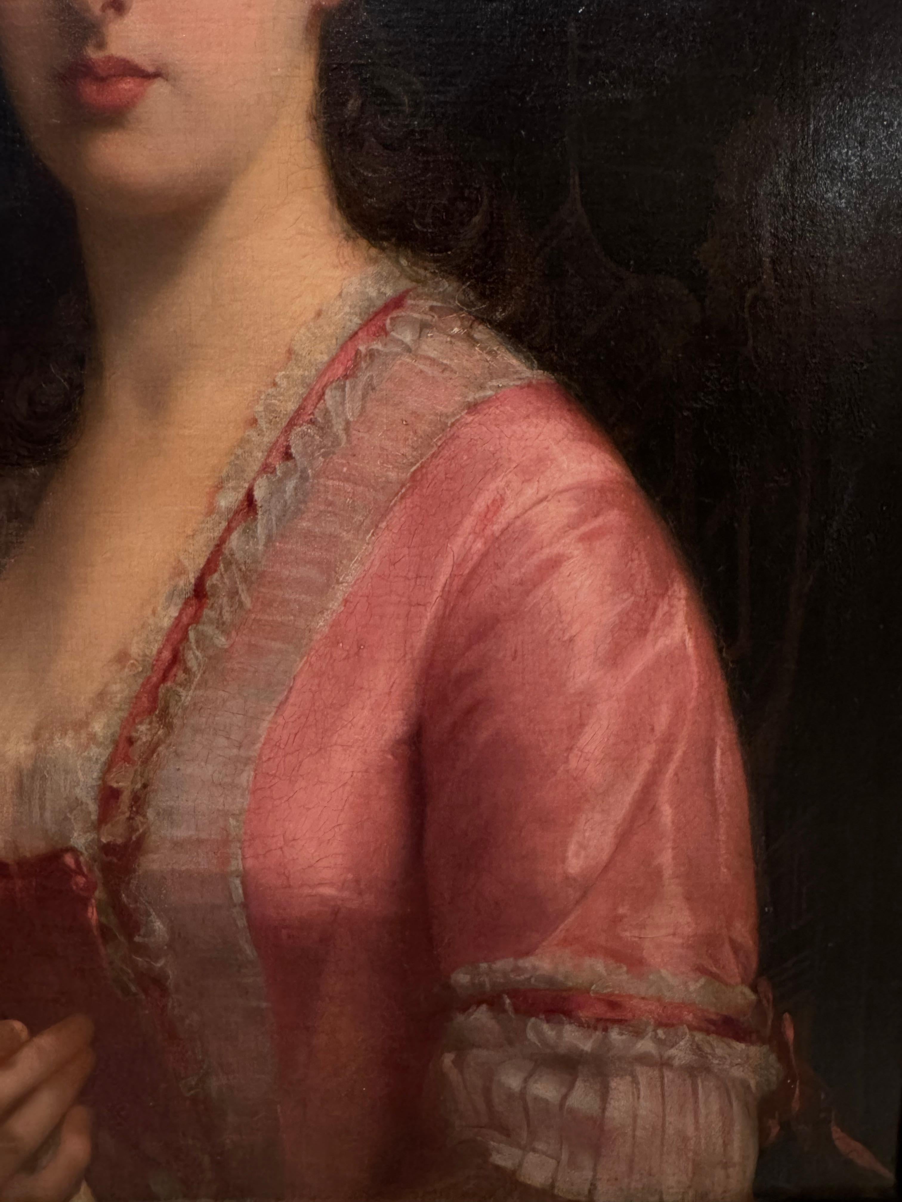 Hand-Painted Portrait of a young lady wearing a pink dress, Tony Robert Fleury (1837-1911) For Sale