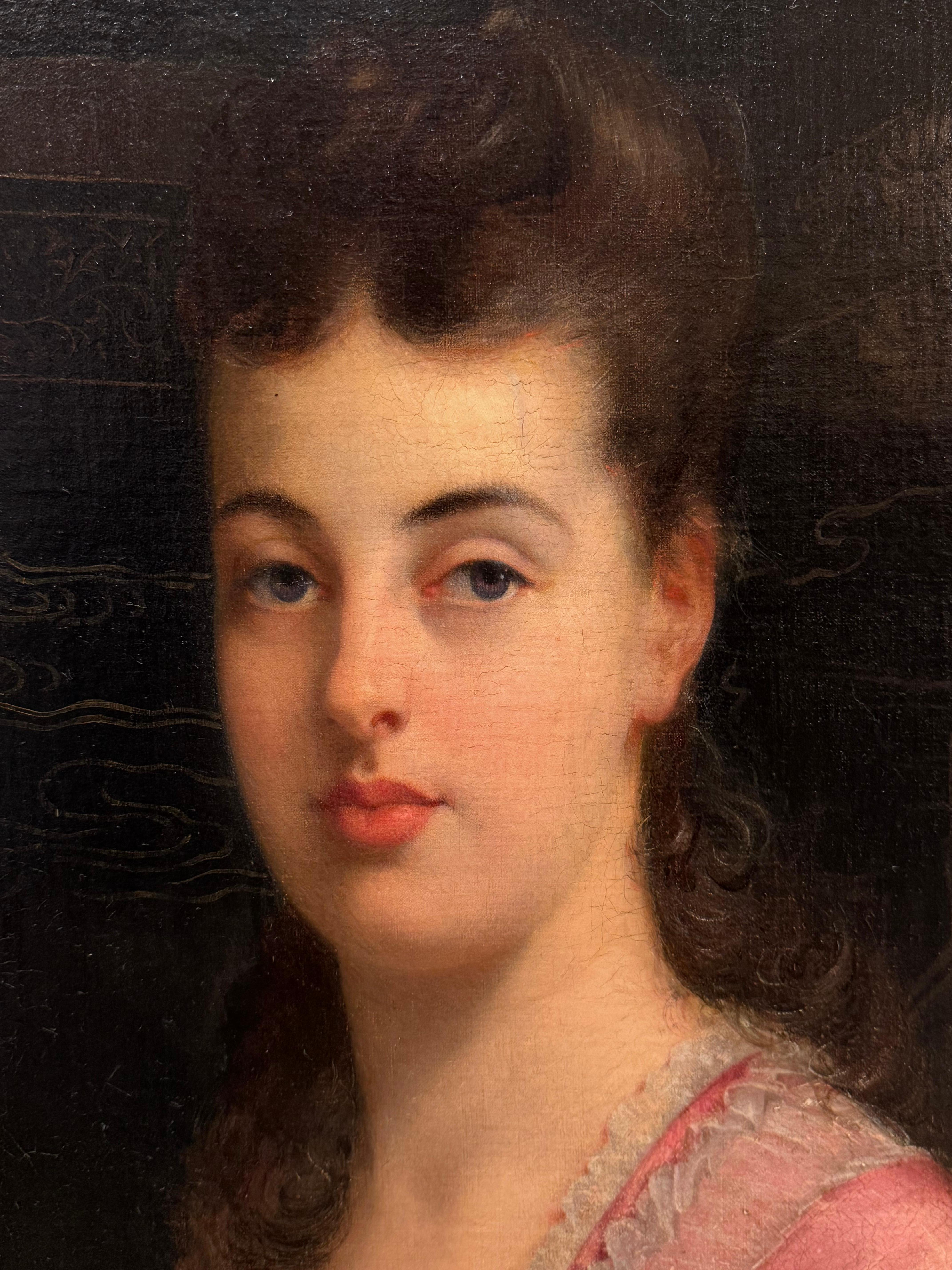 Portrait of a young lady wearing a pink dress, Tony Robert Fleury (1837-1911) In Good Condition For Sale In PARIS, FR