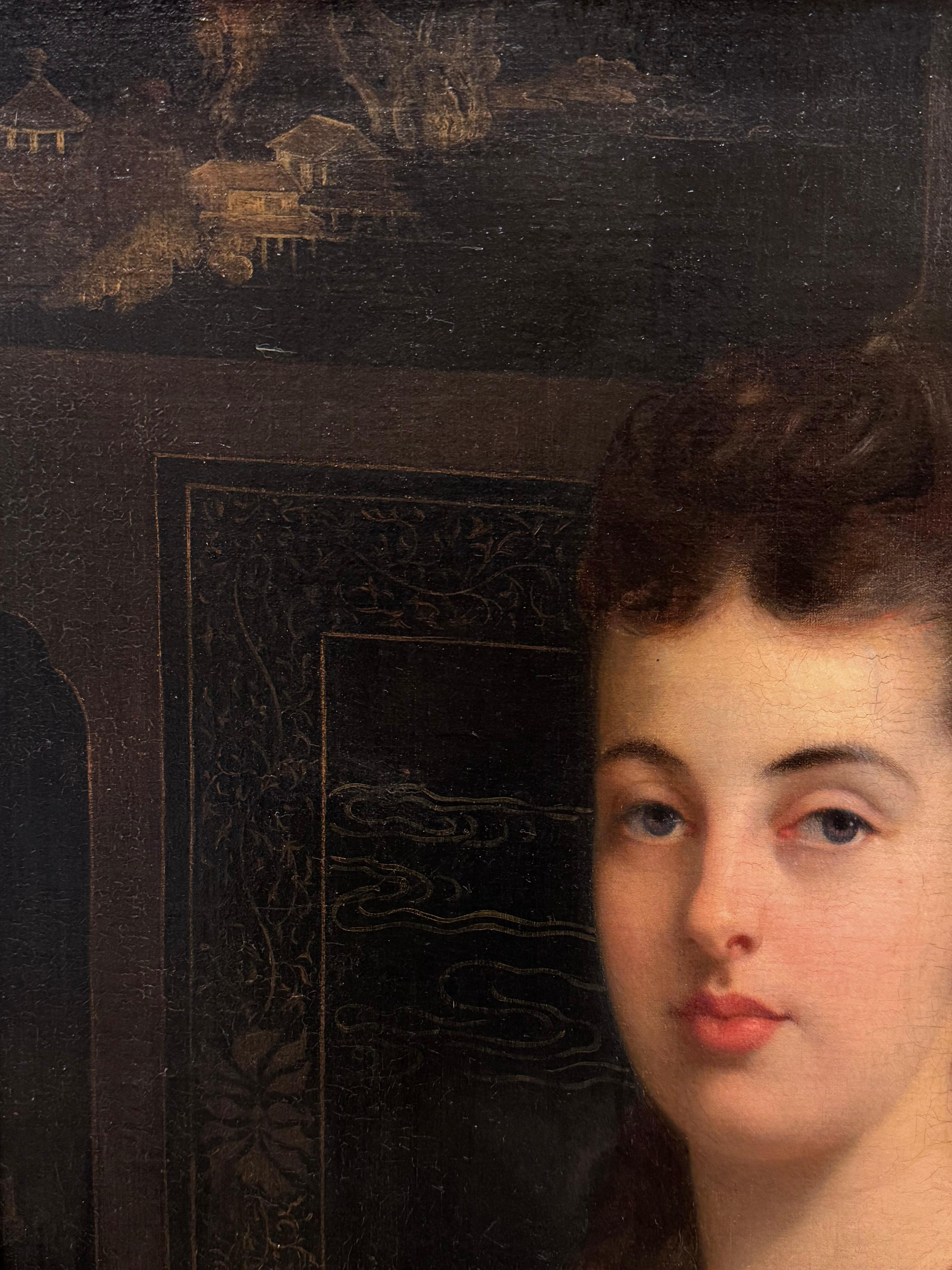 19th Century Portrait of a young lady wearing a pink dress, Tony Robert Fleury (1837-1911) For Sale
