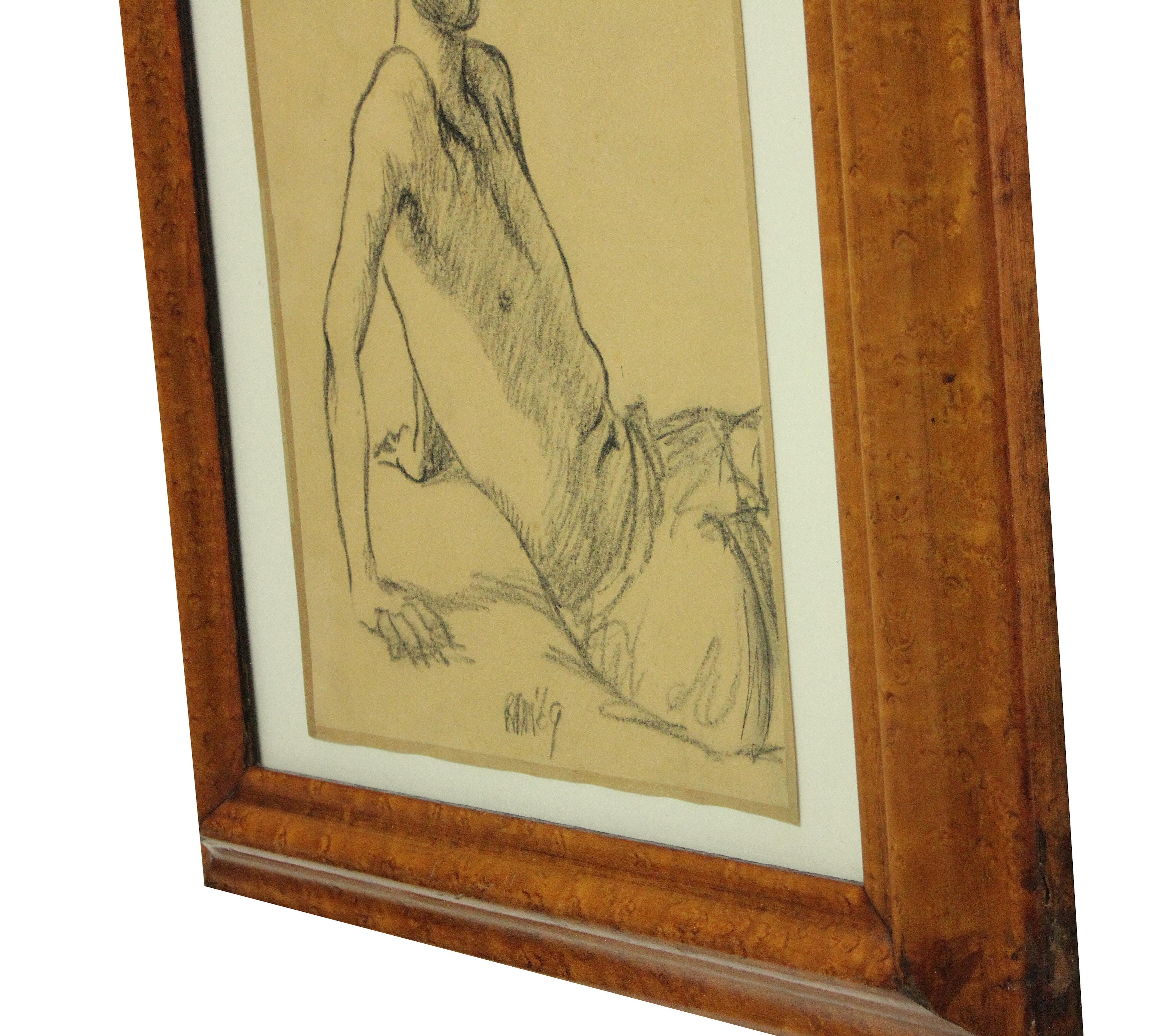 Mid-Century Modern Portrait of a Young Man in Charcoal For Sale