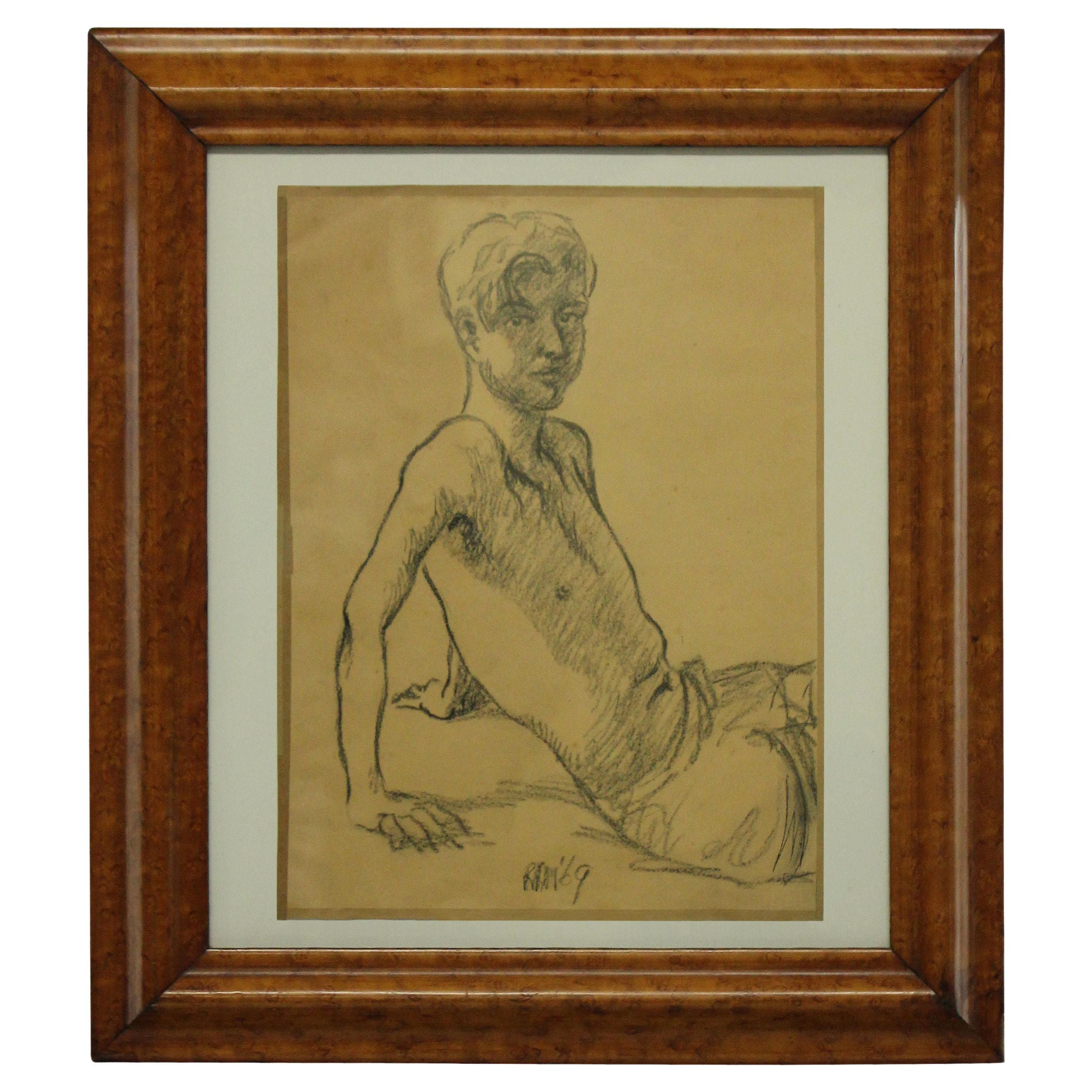 Portrait of a Young Man in Charcoal For Sale