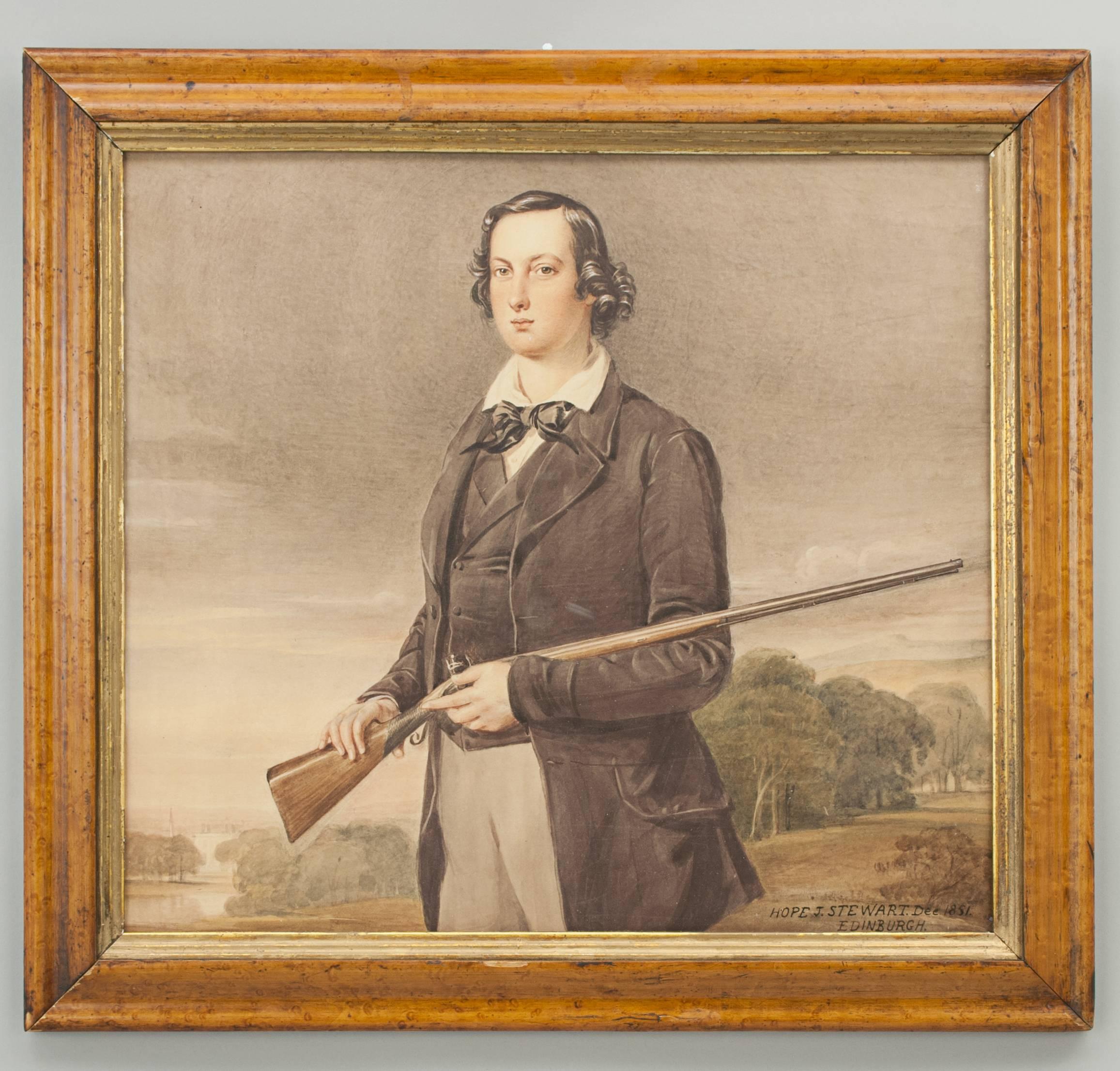 A portrait of a young man posing and holding a flintlock rifle in his arms. The water colour is in an old maple frame with gold slip and glazed. The portrait of the young man holding his sporting gun is signed and dated 'Hope J. Stewart. Dec. 1851.