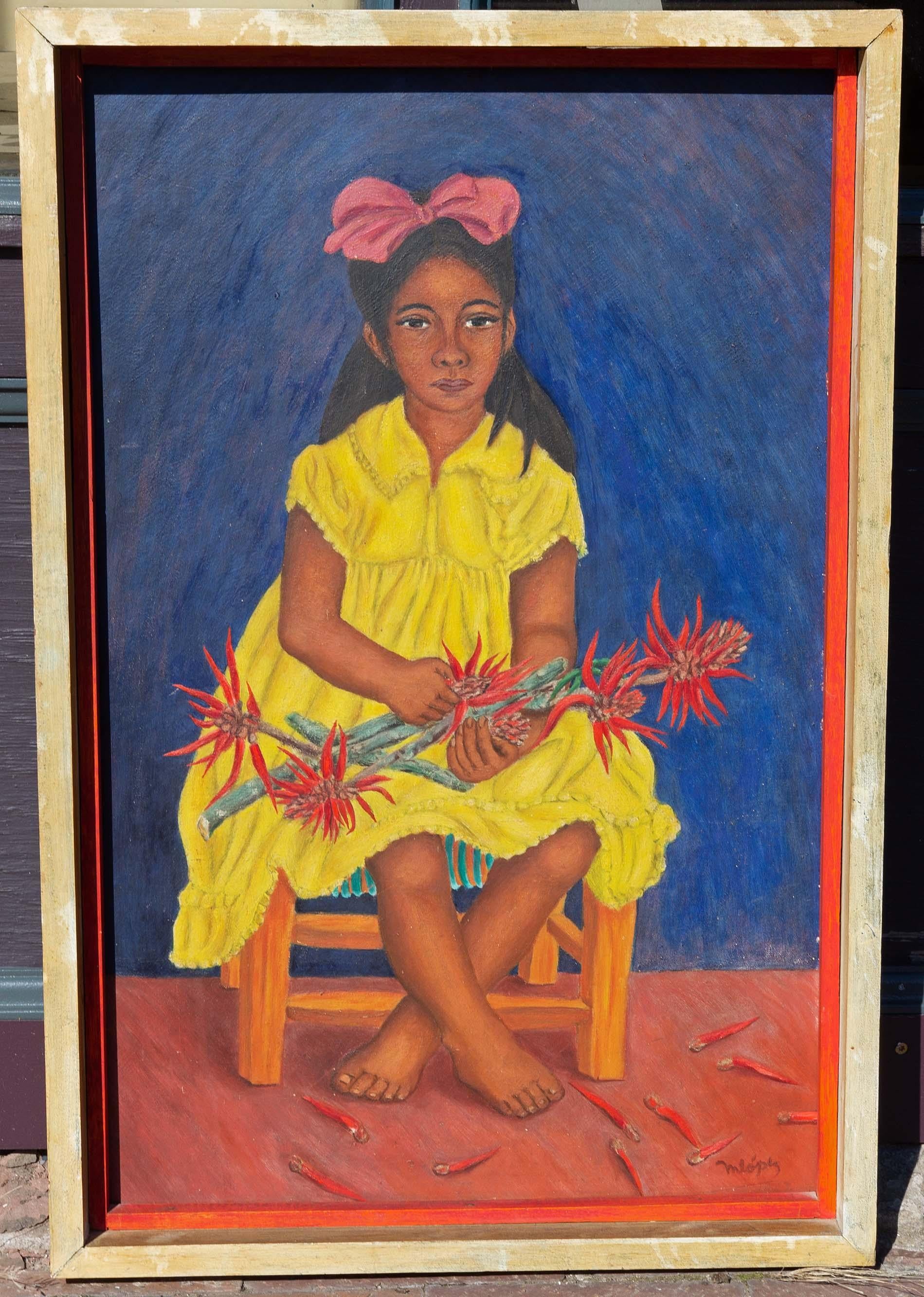 Vintage naïve painting of a young Mexican girl. A striking portrait. Rich blue , yellow, and red colors. Oil on masonite. Signed Lopez? Dated 1952. In original painted frame.
 