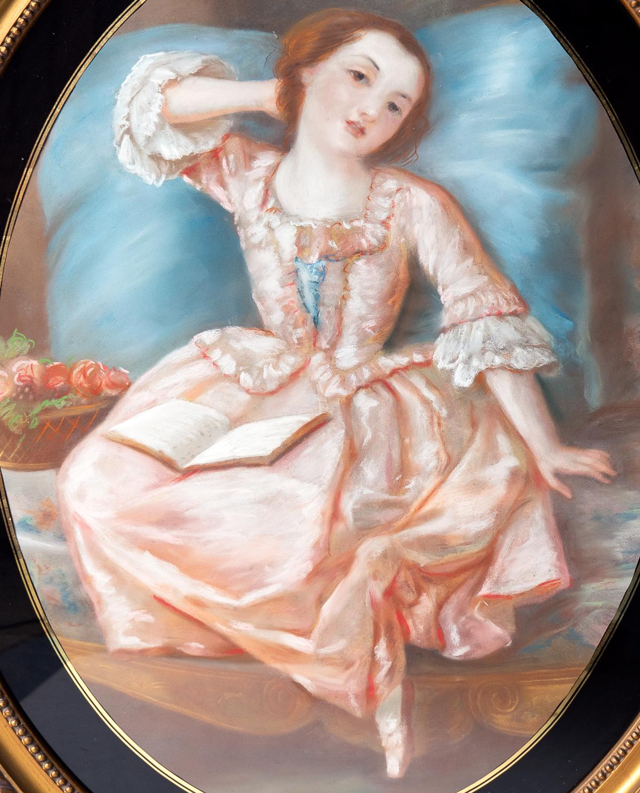 Ritratto di giovane donna in abito rosa Antico disegno originale a pastello 19° C. in vendita 2
