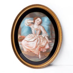 Portrait of a Young Woman in a Pink Dress Antique Original Pastel Drawing 19th C