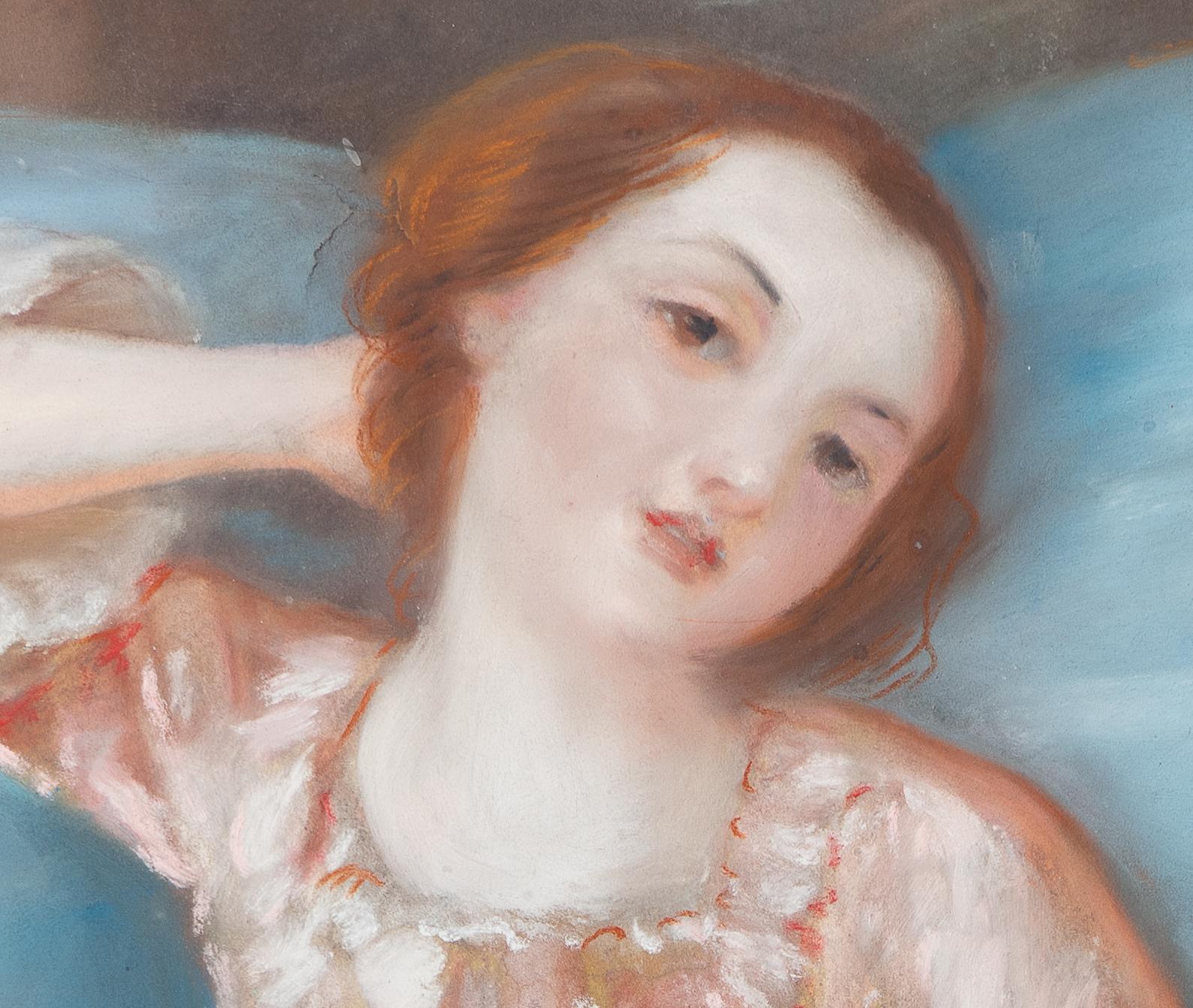 XIX secolo Ritratto di giovane donna in abito rosa Antico disegno originale a pastello 19° C. in vendita