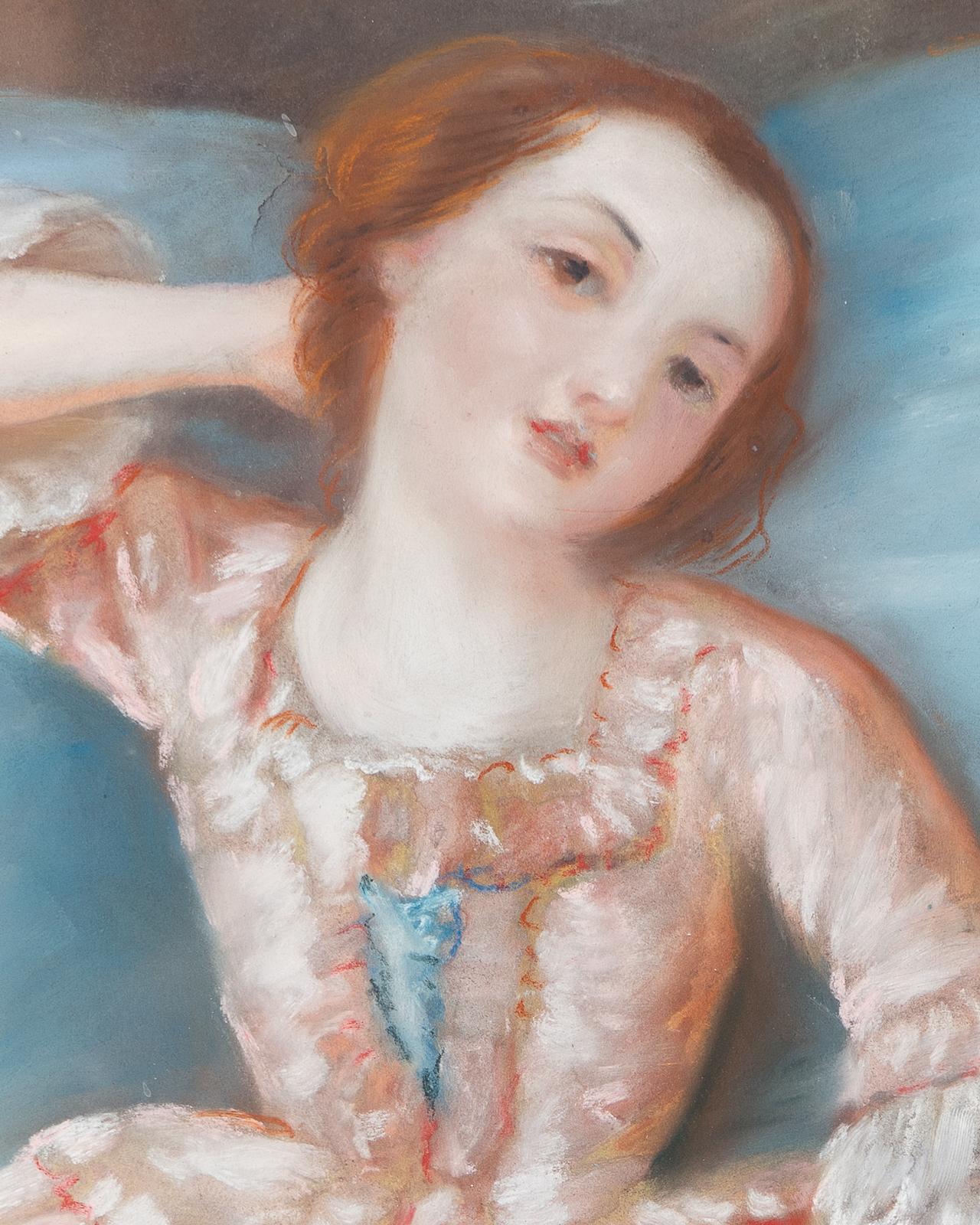 Porträt einer jungen Frau in einem rosafarbenen Kleid, antike Original-Pastellzeichnung im Angebot 3