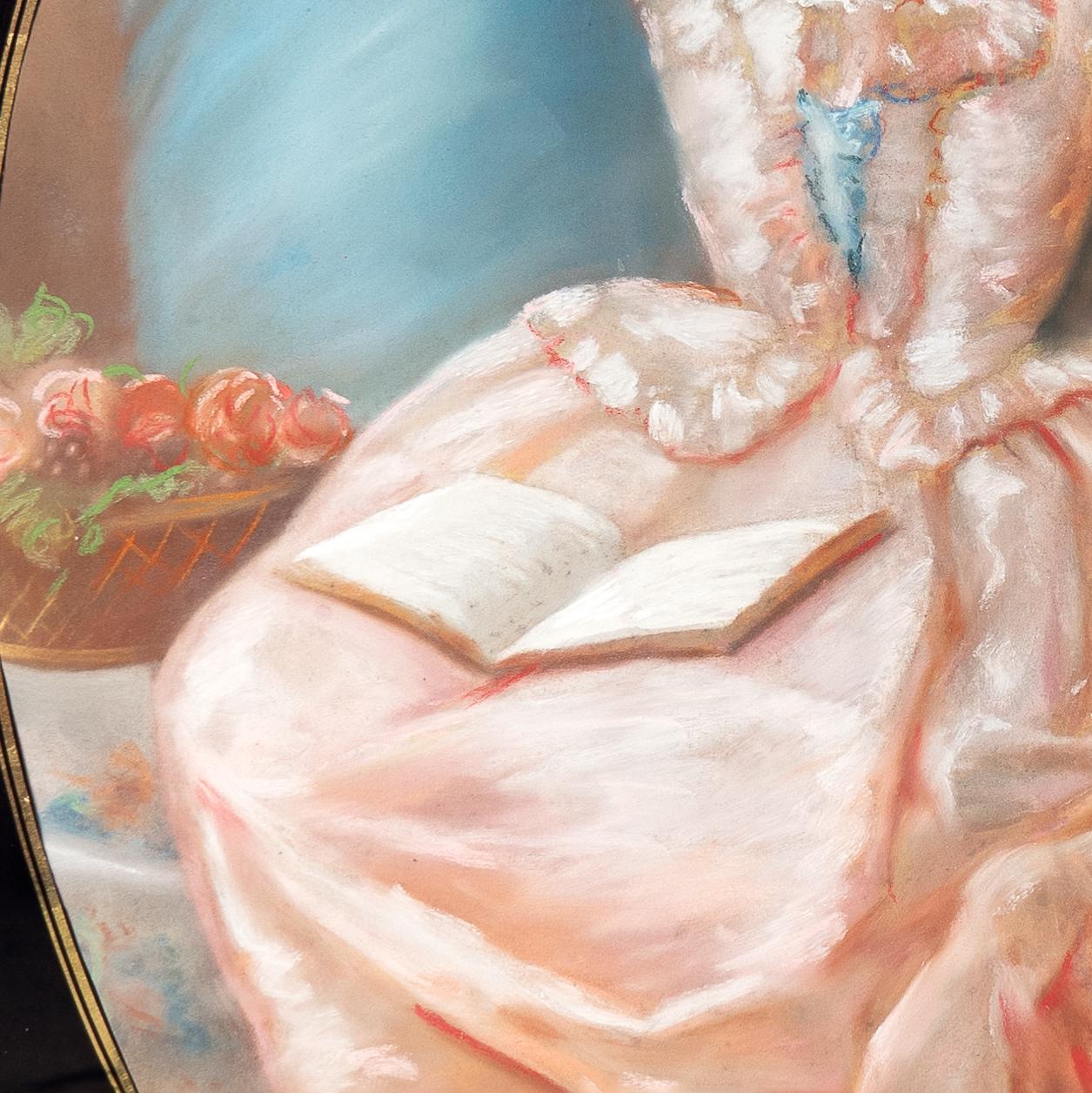 Porträt einer jungen Frau in einem rosafarbenen Kleid, antike Original-Pastellzeichnung im Angebot 4