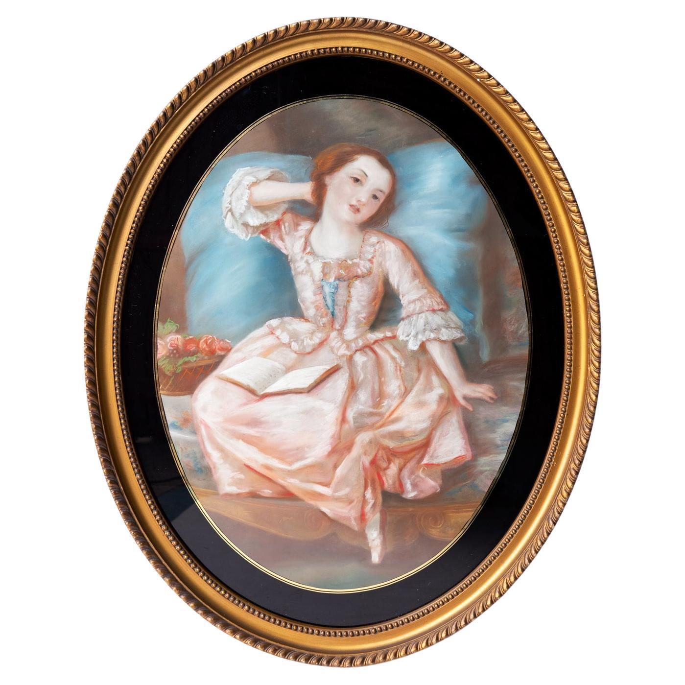Porträt einer jungen Frau in einem rosafarbenen Kleid, antike Original-Pastellzeichnung im Angebot