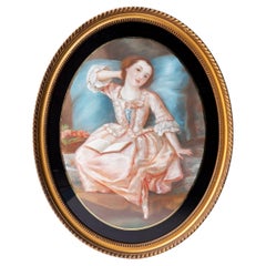 Retrato de mujer joven con vestido rosa Antiguo dibujo original al pastel S. XIX