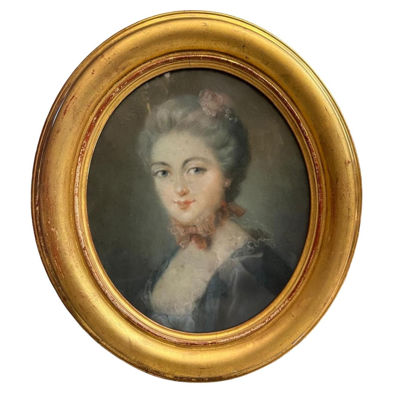 Ritratto di giovane donna in cornice ovale dorata, disegno a pastello, XVIII secolo
