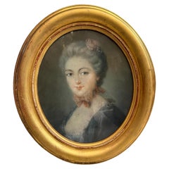 Ritratto di giovane donna in cornice ovale dorata, disegno a pastello, XVIII secolo