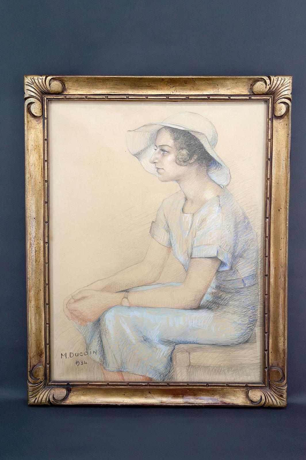 Portrait of a young woman, drawing / pastel framed under glass.

By M.Ducoin, signed and dated.
France, 1934.
Art Deco.

Gilded wooden frame from the same period as the work.
Framer's label: P.Chollet, 35 Rue d'Alsace Beaune.

Very good