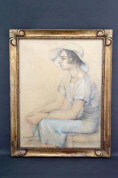 Retrato de mujer joven, pastel, Art Decó, por M.Ducoin, Francia, 1934