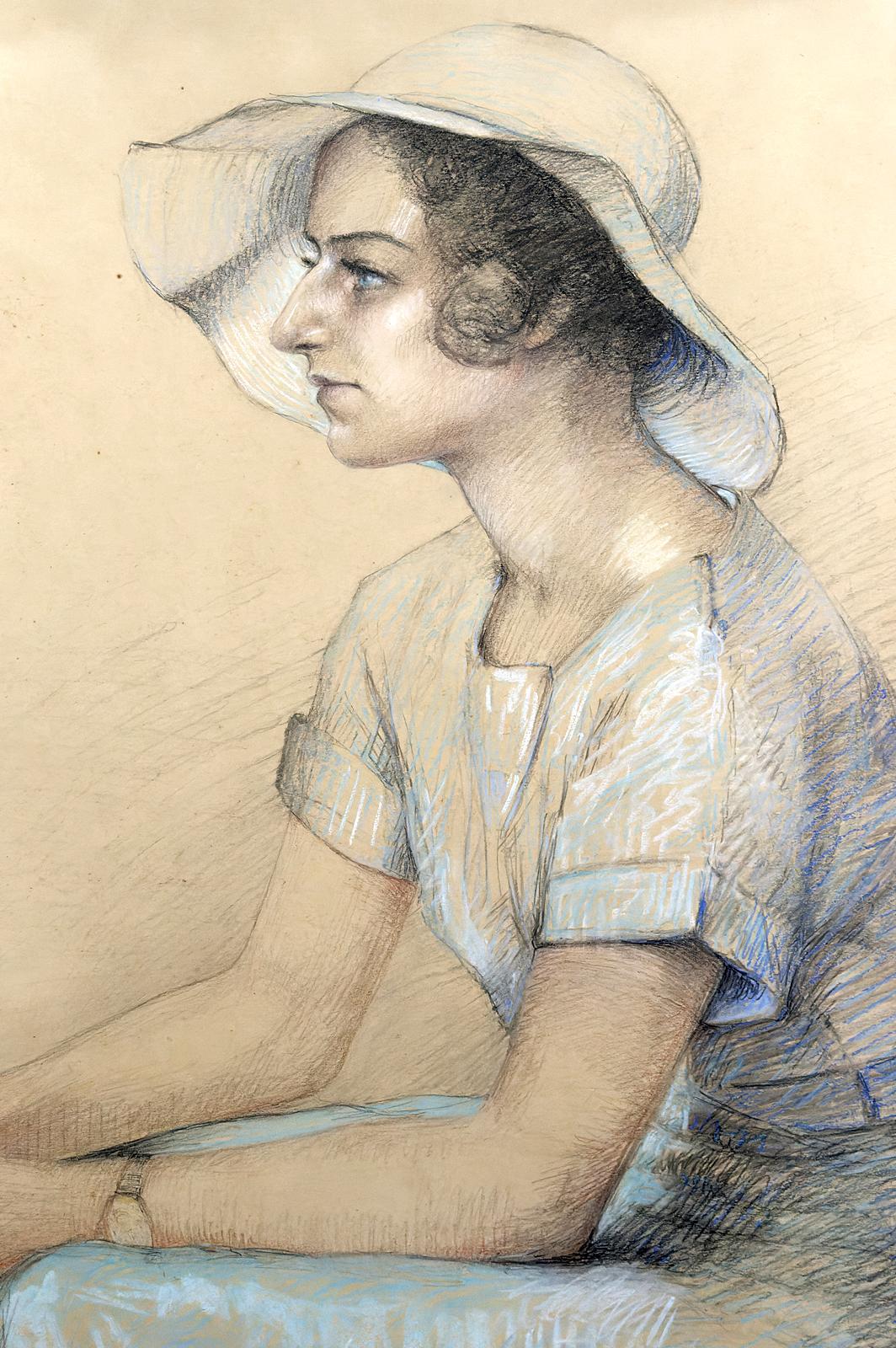 French Portrait of a young woman, pastel, Art Deco, by M.Ducoin, France, 1934 For Sale