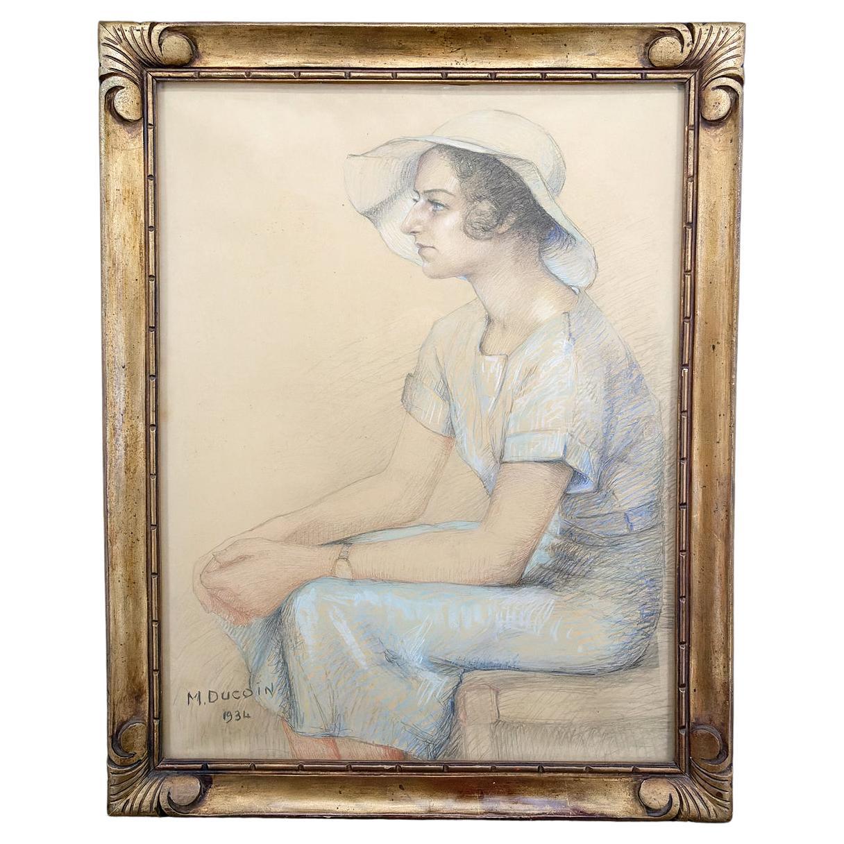 Portrait of a young woman, pastel, Art Deco, by M.Ducoin, France, 1934 For Sale