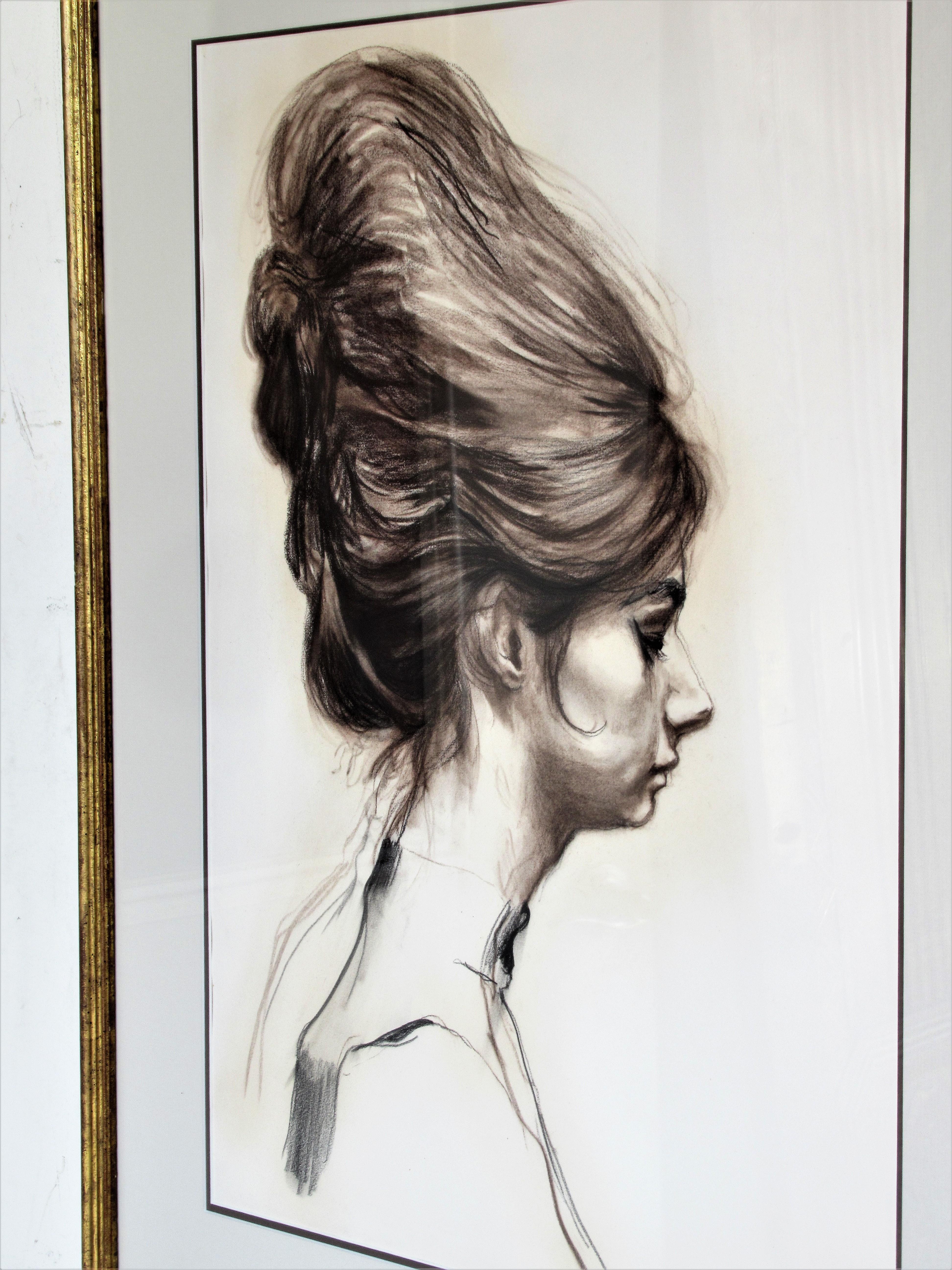 A finely executed graphite portrait drawing of a regal looking young woman with a beehive hairdo. Beautiful. Circa 1960 - 1970. Look at all pictures and read condition report in comment section.