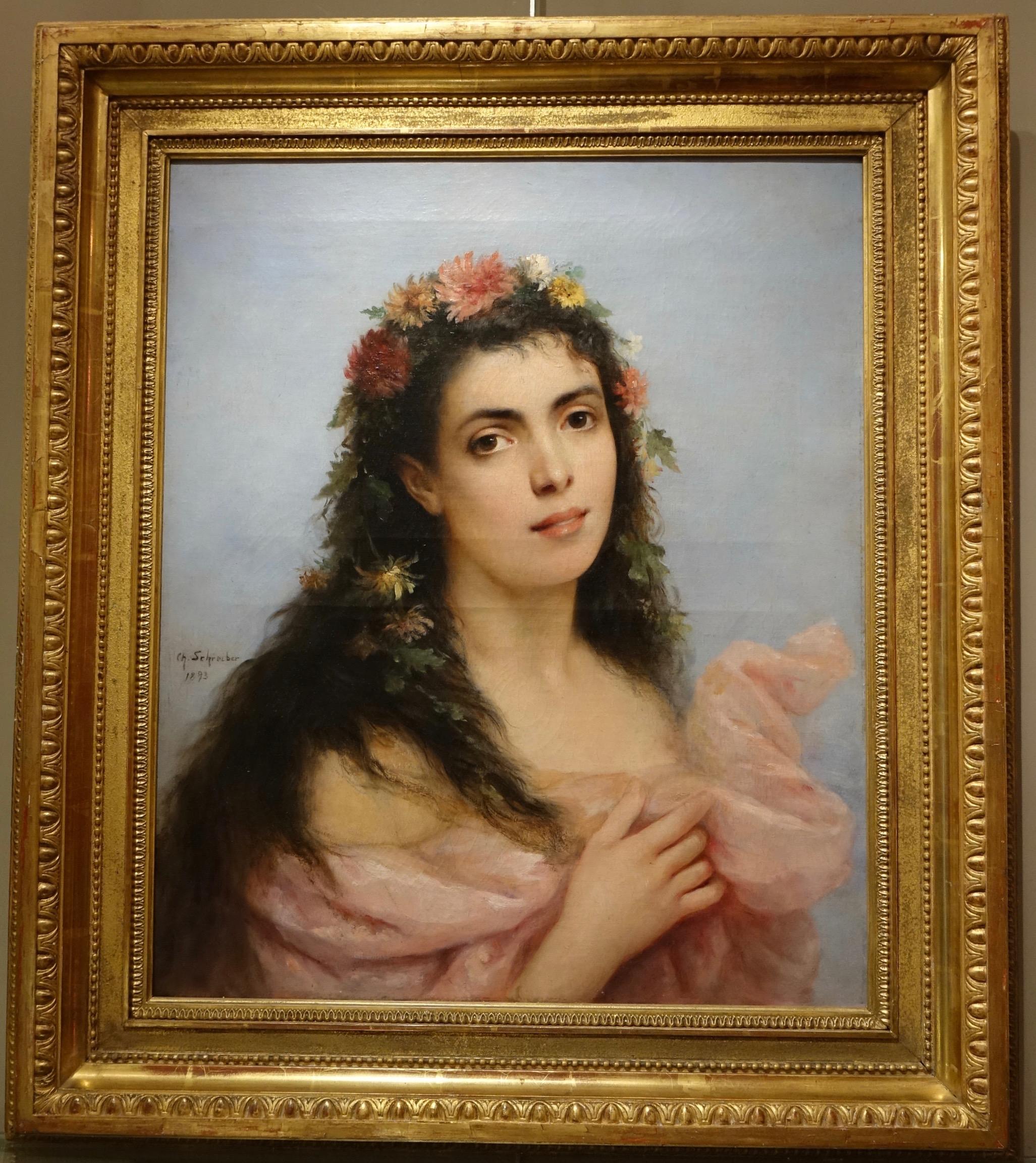 Portrait of a young woman ,wearing a bouquet of chrysanthemums in her hair.(Allegory of Spring?)
SCHREIBER Charles Baptiste (1847-1902)
He studied in the studio of Léon BONNAT, he debuted at the Salon in 1868.
The muséum of Reims retains him 