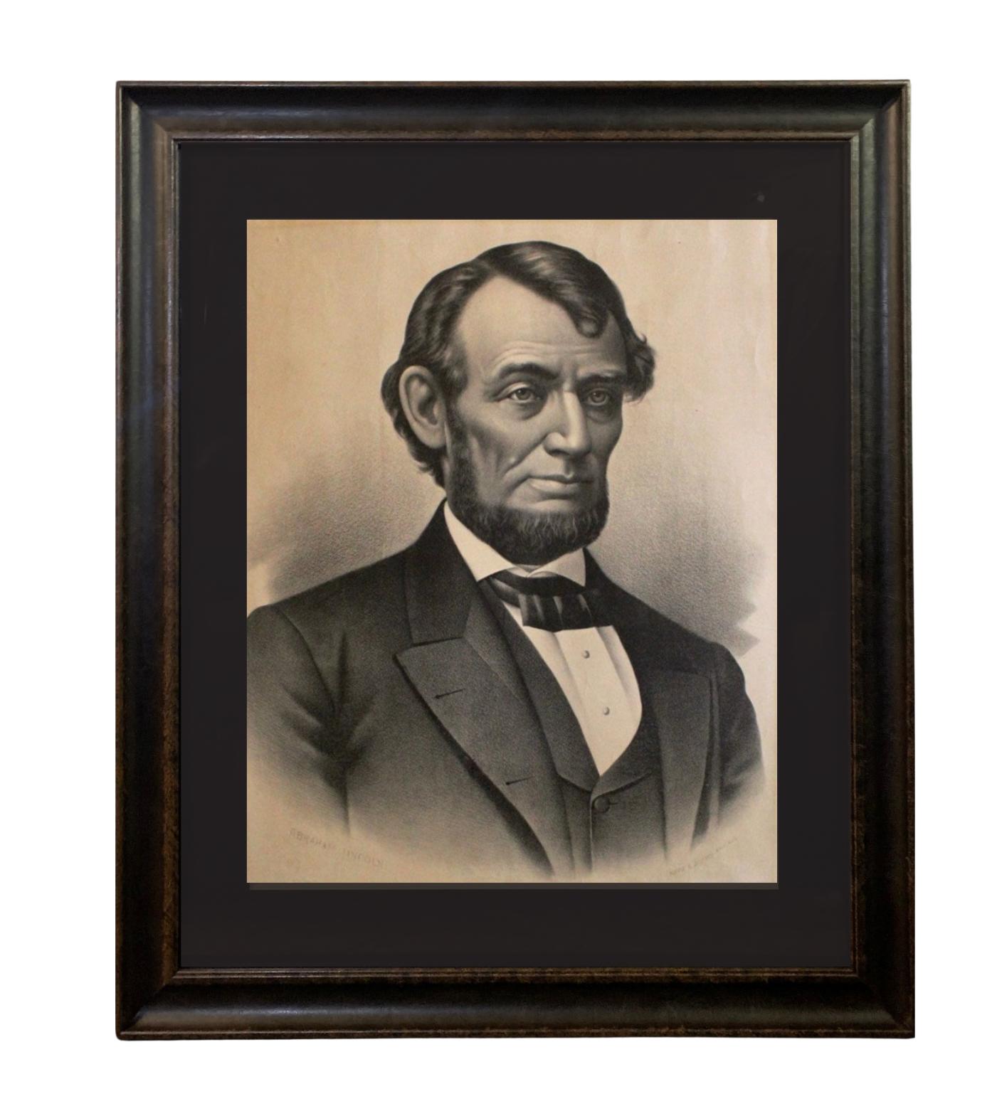Presented is an antique lithograph of President Abraham Lincoln, published by the Chicago firm of Kurz & Allison in 1883. The portrait is a head and shoulders depiction of our 16th President, in a dark top coat and vest, white shirt, and dark