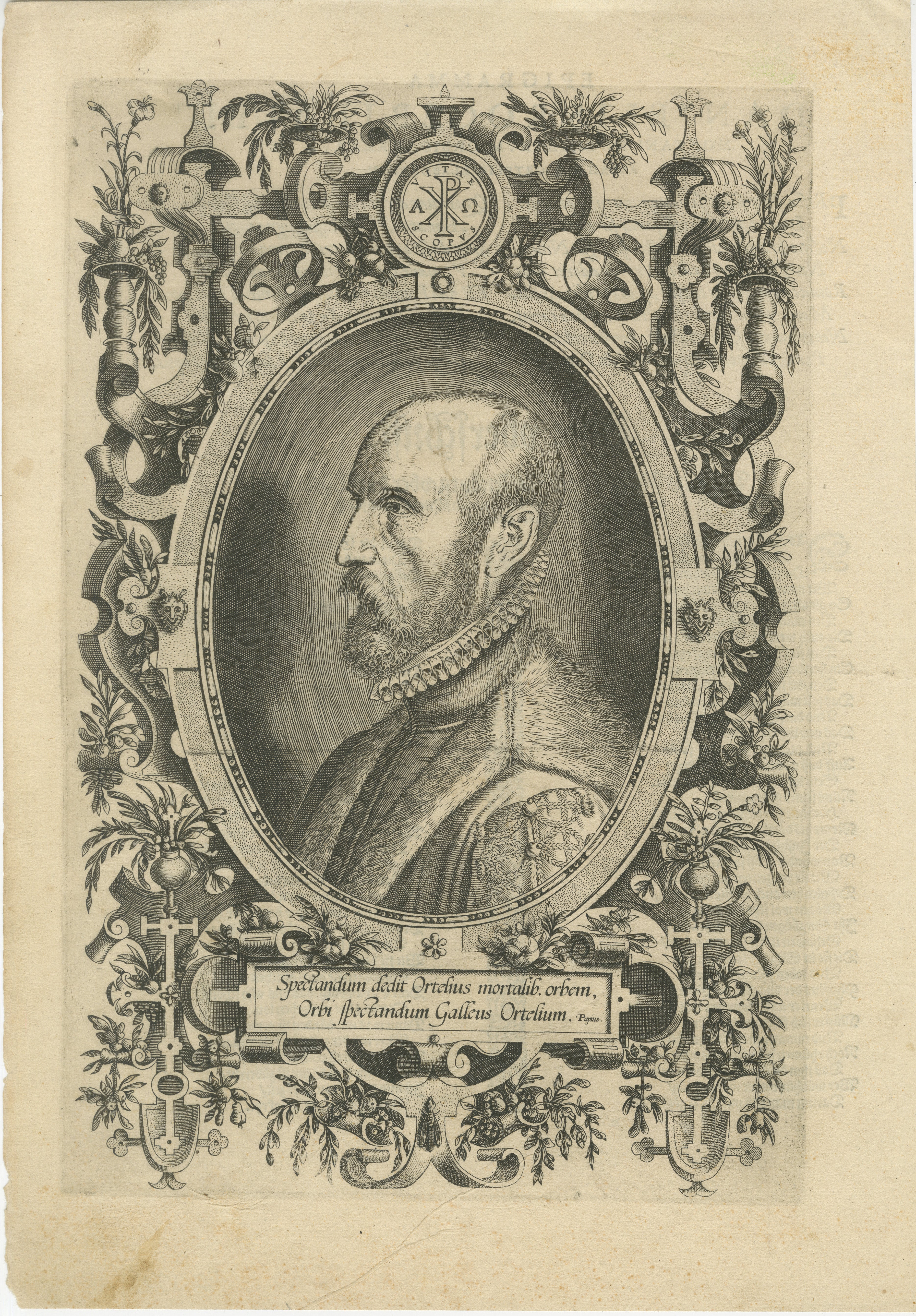 Titel: Porträt von Abraham Ortelius, gestochen von Philippe Galle, erstmals 1579 veröffentlicht, im *Theatrum Orbis Terrarum* enthalten.

Beschreibung: Dies ist ein akribisch detailliertes Porträt von Abraham Ortelius (1527-1598), dem berühmten