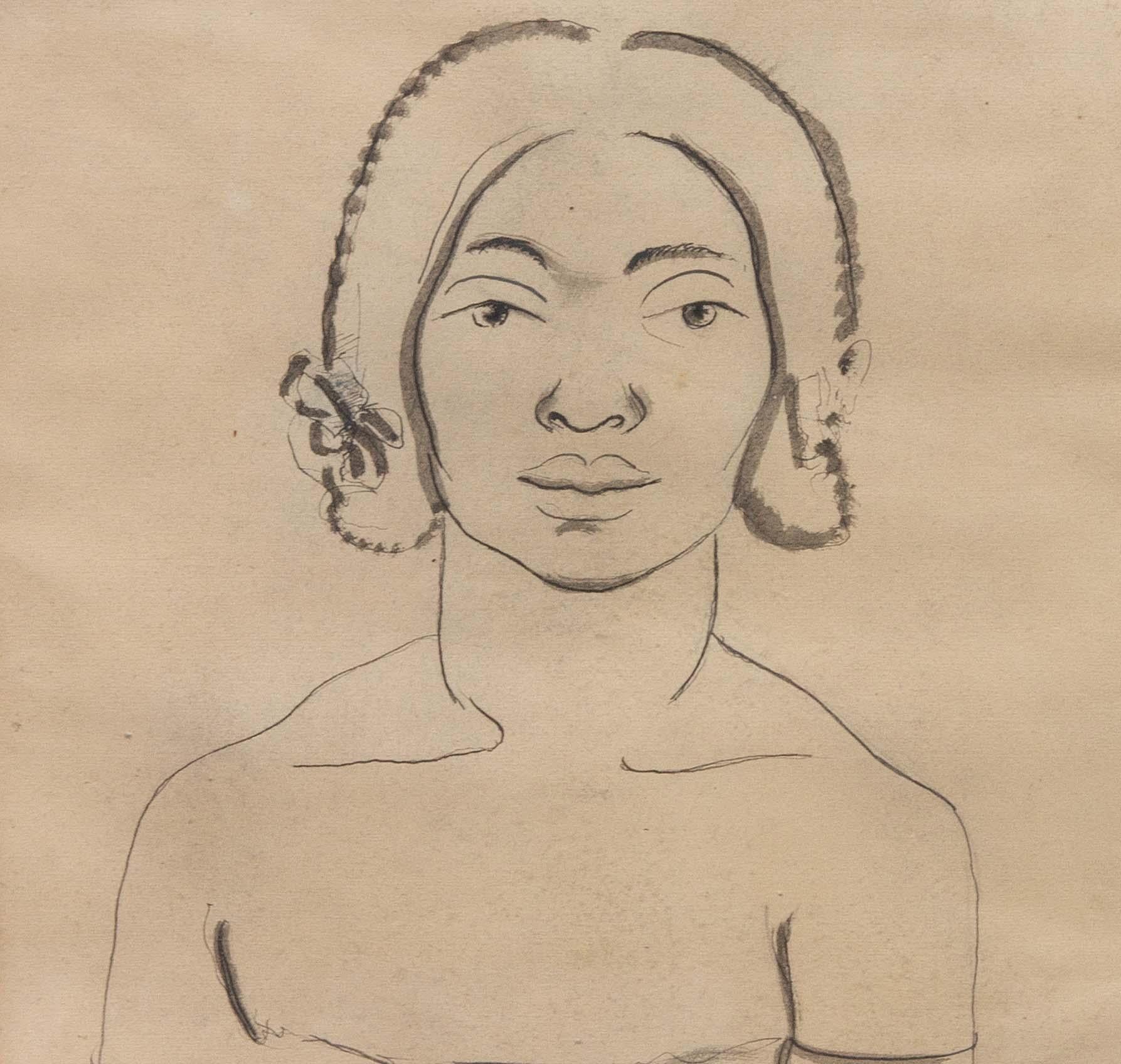 Portrait of an African American Woman by Tony Sisti. Sisti was a master draftsman. With just a few lines he captures the moment. Sisti was a professional boxer and an accomplished artist. In a vintage modernist frame. Drawing measues 17