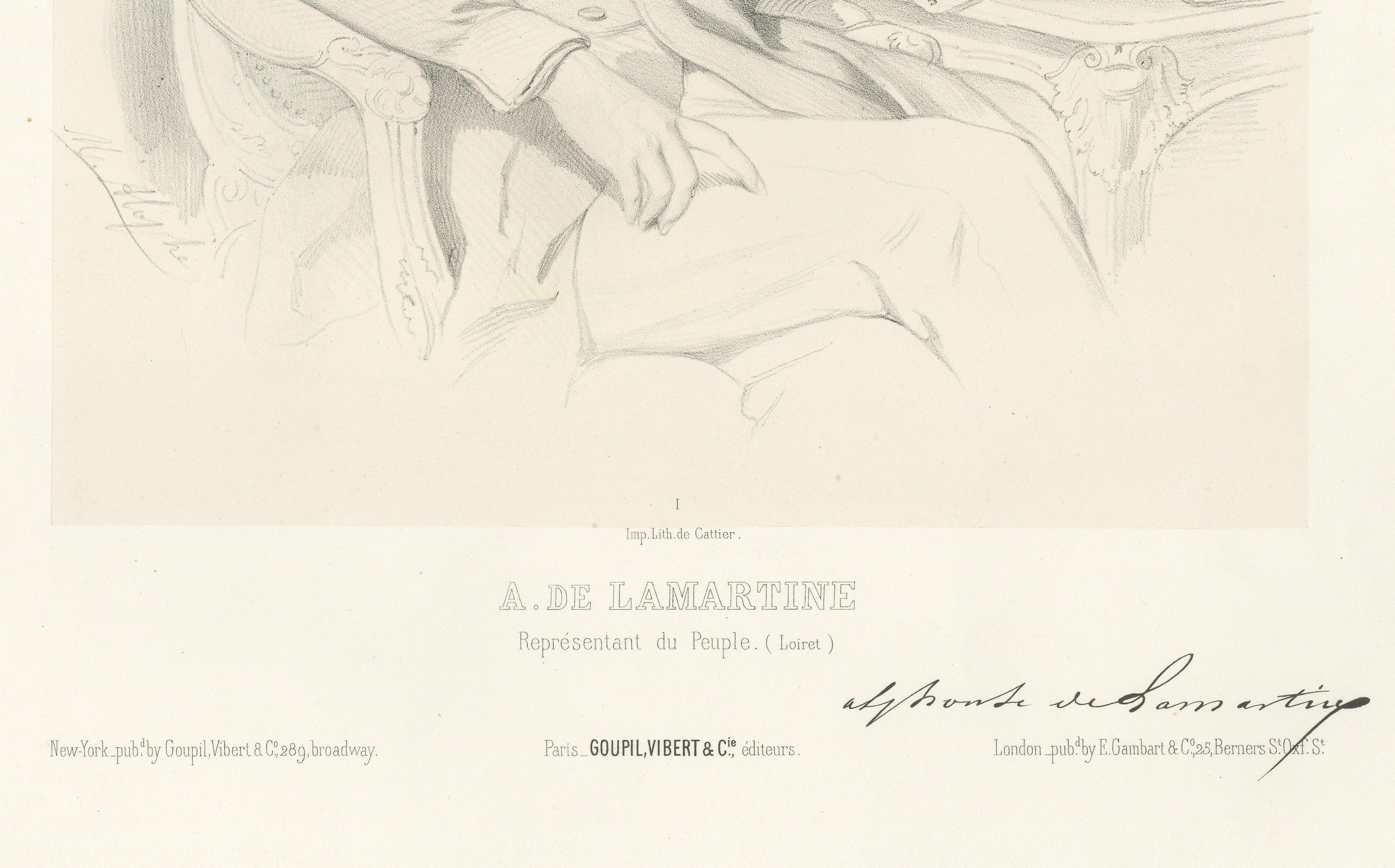 Retrato de Alfonso de Lamartine - Litografía del siglo XIX de Le Gout-Gérard

Esta litografía del siglo XIX, finamente ejecutada, presenta al eminente poeta, político e historiador francés Alphonse de Lamartine (1790-1869). Está sentado