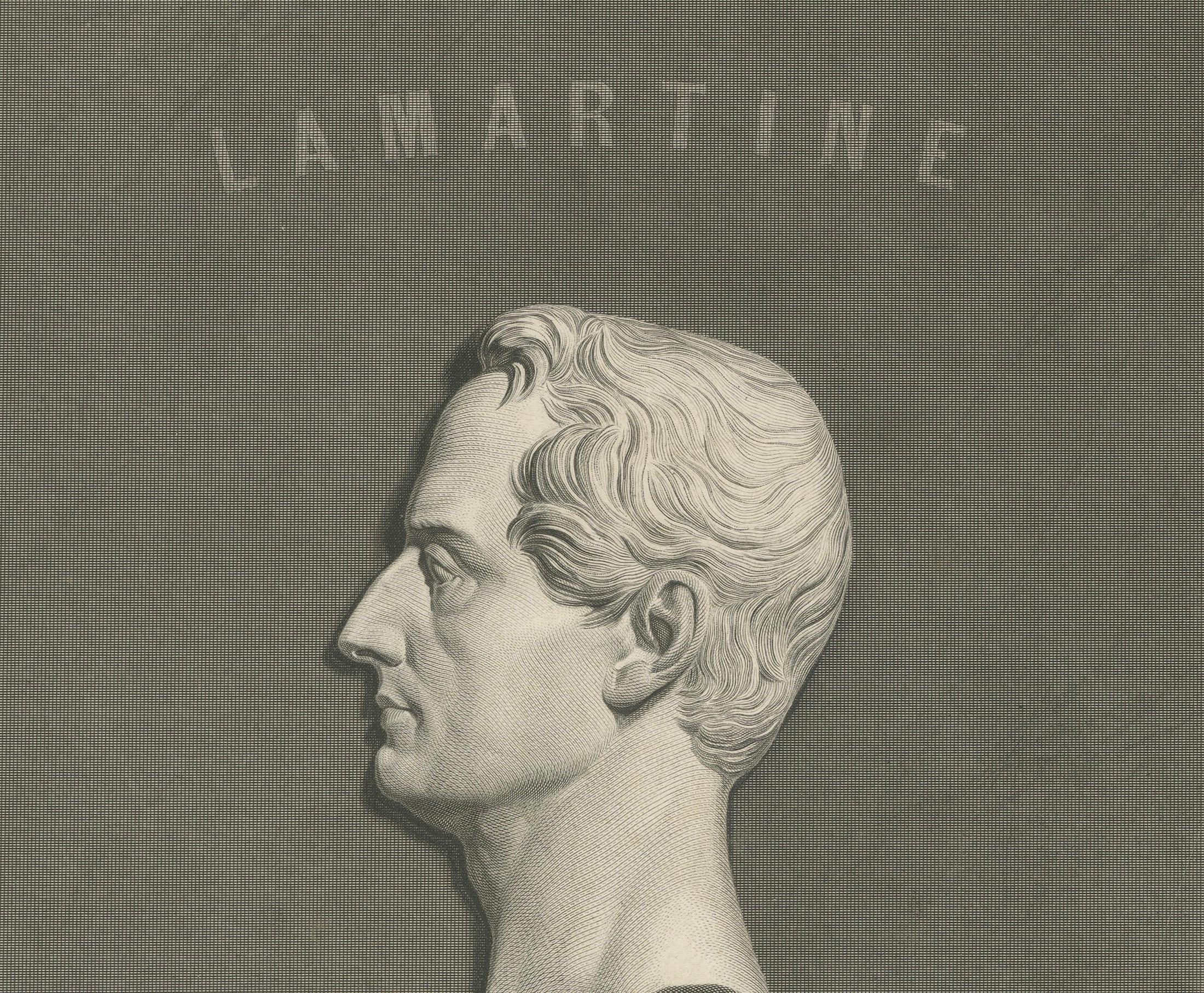 Retrato de perfil de Alphonse de Lamartine - Grabado según David d'Angers, 1843

Este grabado puntillista del siglo XIX, finamente ejecutado, presenta un retrato de perfil neoclásico del poeta, historiador y estadista romántico francés Alphonse de