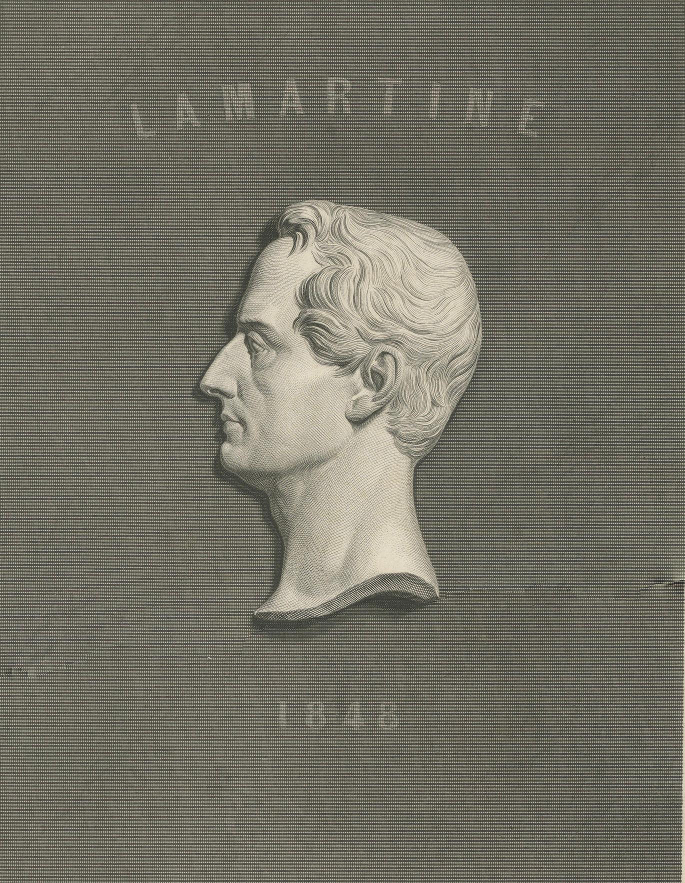 Retrato de Alphonse de Lamartine - Grabado según David d'Angers, 1843 en Bueno estado para la venta en Langweer, NL