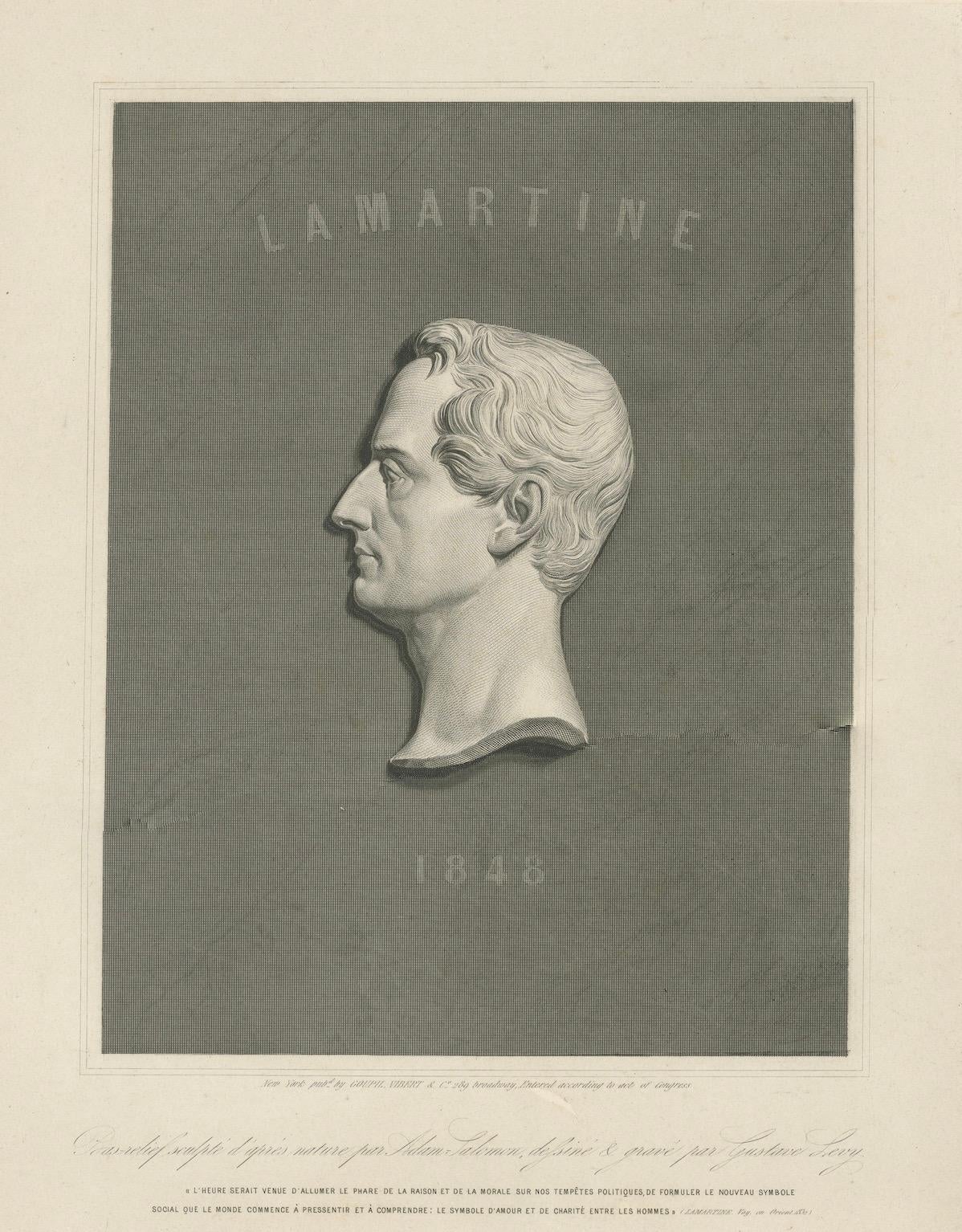 Retrato de Alphonse de Lamartine - Grabado según David d'Angers, 1843 siglo XIX en venta
