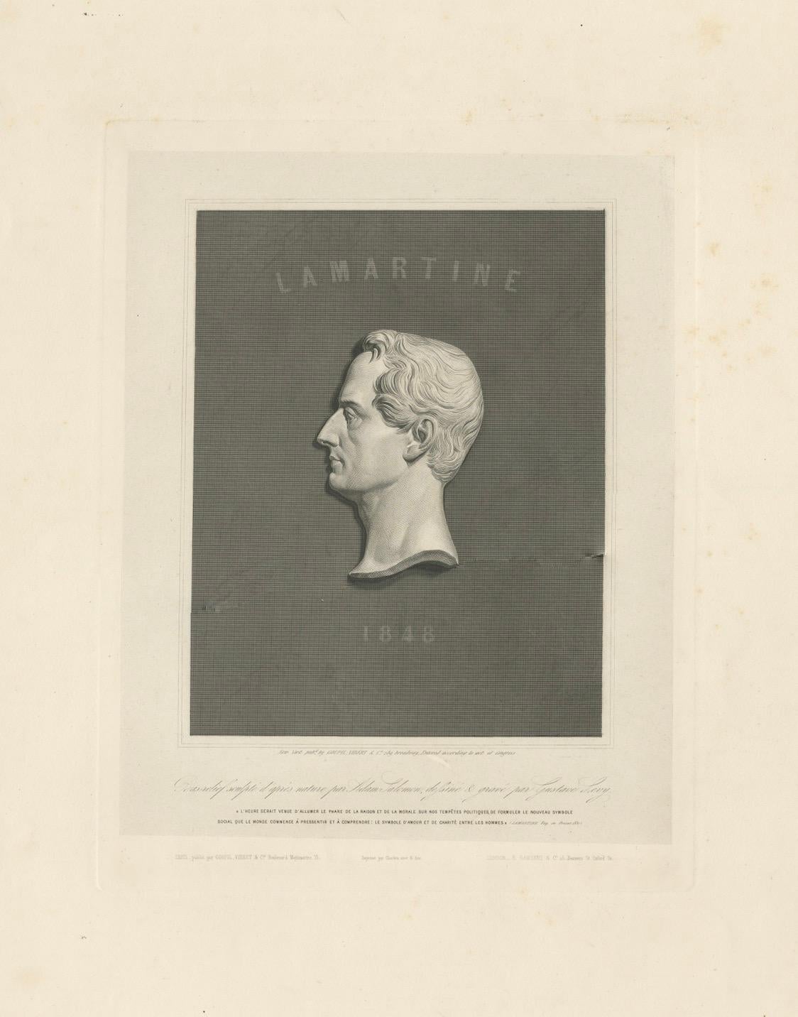 Retrato de Alphonse de Lamartine - Grabado según David d'Angers, 1843 Papel en venta
