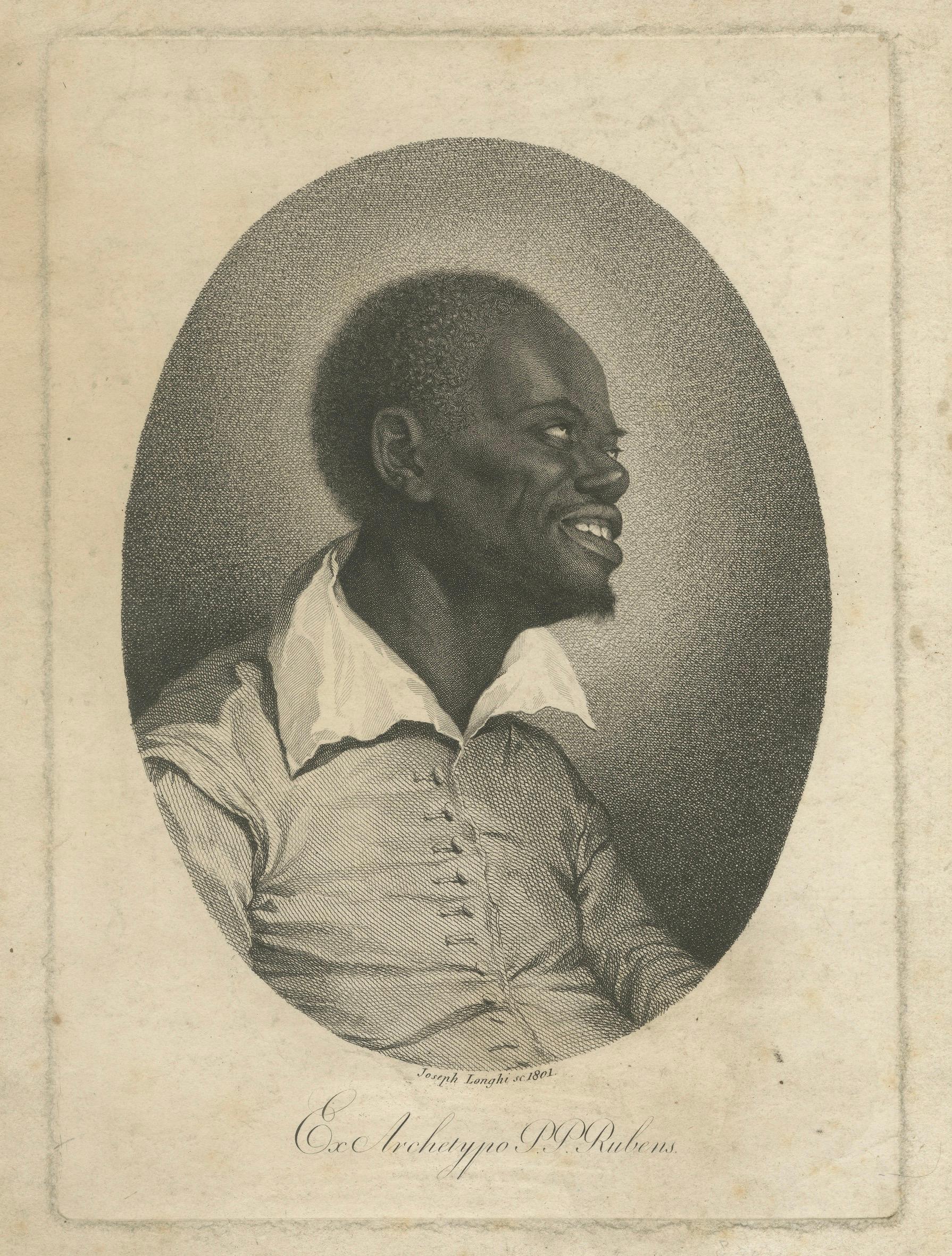 Ritratto di uomo africano, dopo Rubens - Incisione di Joseph Lange, 1801

Descrizione:
Questo affascinante ritratto inciso raffigura un uomo africano girato di profilo verso sinistra, con un sorriso ampio e accattivante, la testa leggermente