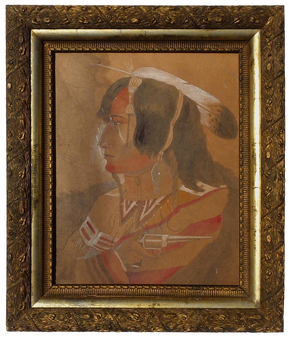 This is a portrait of an American Indian holding a gun. It is drawn in pastels and ink on heavy chipboard, with fine detail, unsigned. It is mounted under glass in a beautiful frame with deeply textured gesso in a pattern of bark, vines, and leaves,