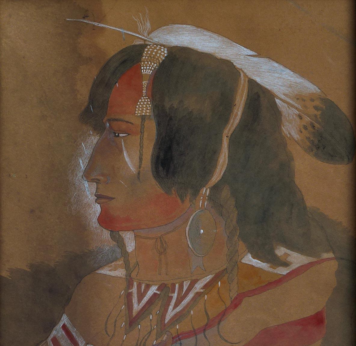 Portrait of an American Indian Holding a Gun, Pastels and Ink on Heavy Chipboard In Good Condition For Sale In Fort Payne, AL
