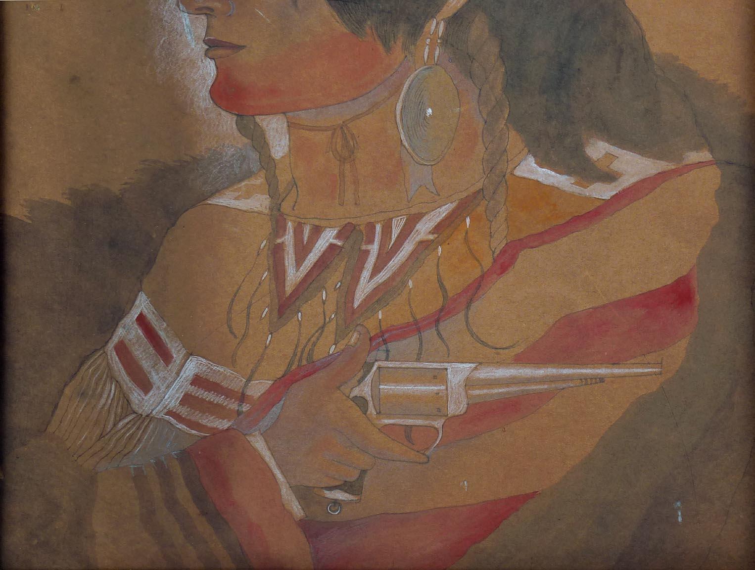 Mid-20th Century Portrait of an American Indian Holding a Gun, Pastels and Ink on Heavy Chipboard For Sale