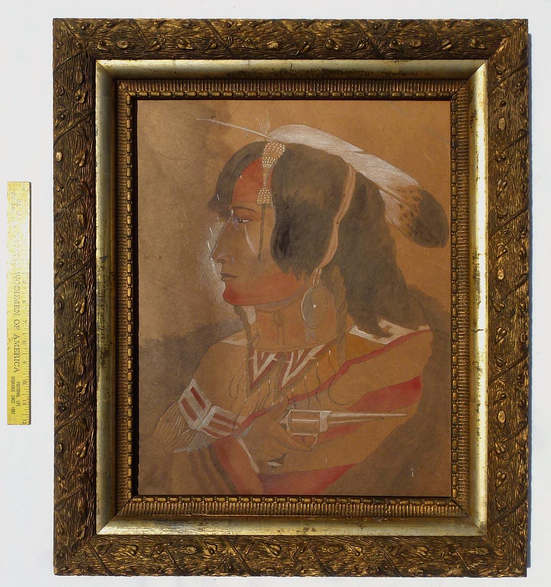 Gesso Portrait of an American Indian Holding a Gun, Pastels and Ink on Heavy Chipboard For Sale