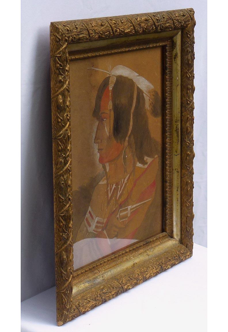 Portrait of an American Indian Holding a Gun, Pastels and Ink on Heavy Chipboard For Sale 1