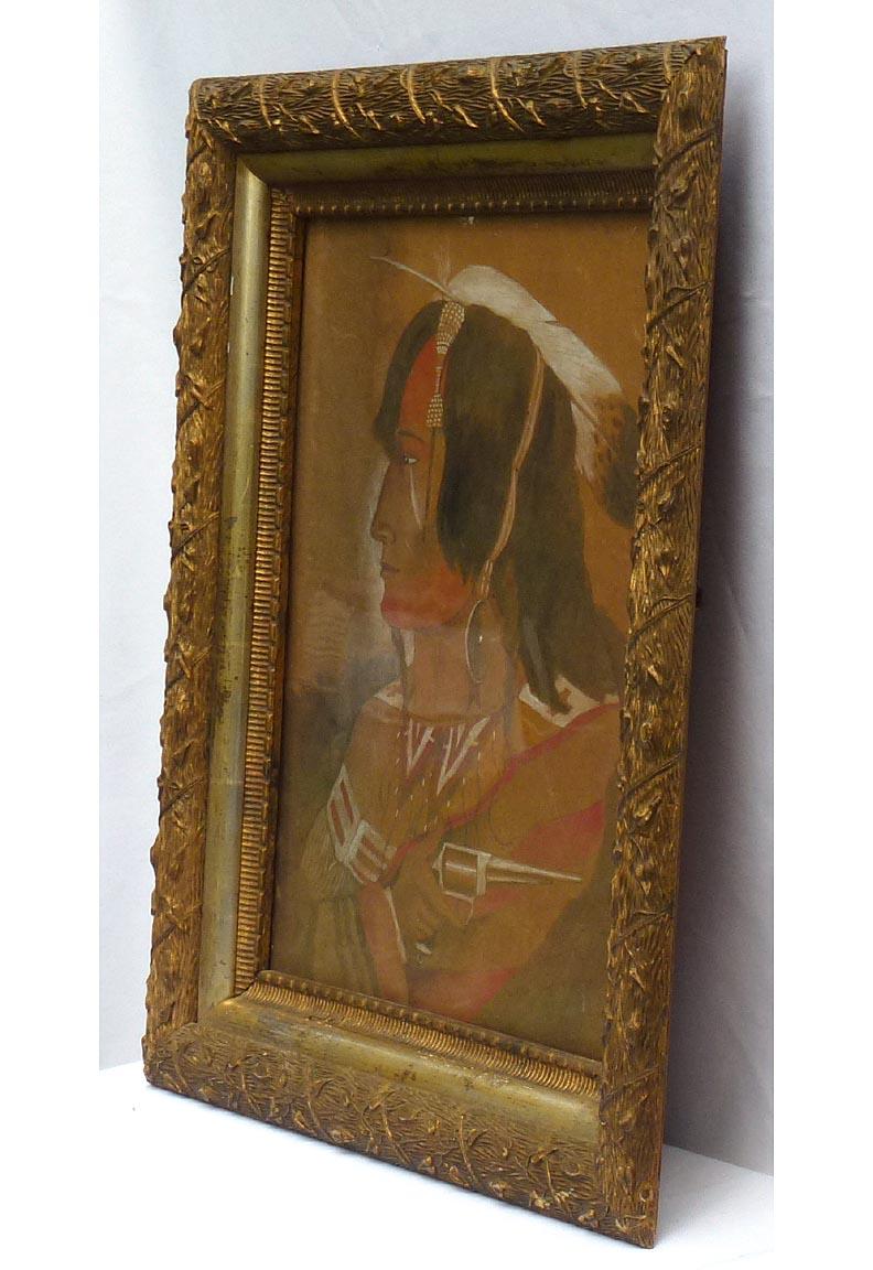 Portrait of an American Indian Holding a Gun, Pastels and Ink on Heavy Chipboard For Sale 2