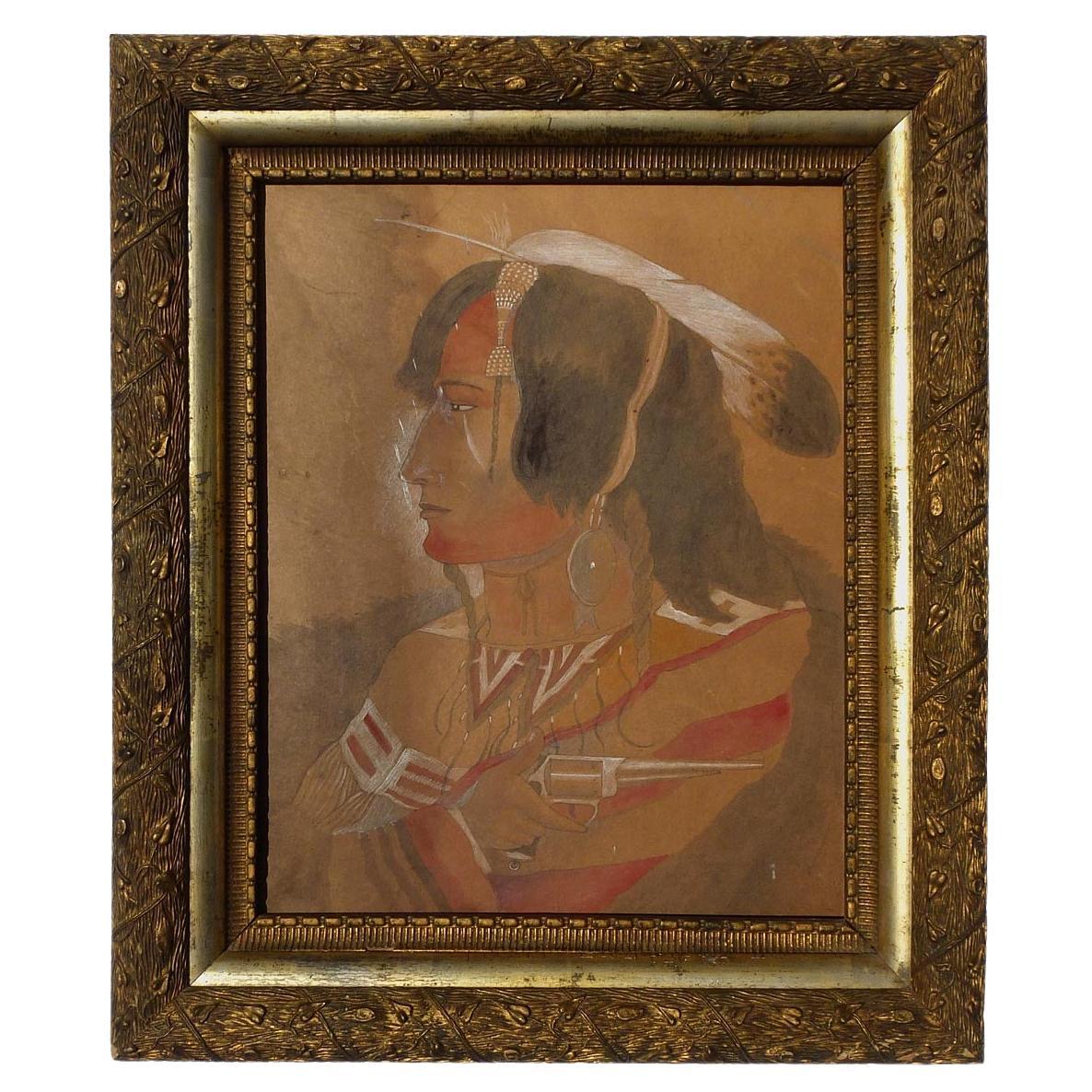 Portrait of an American Indian Holding a Gun, Pastels and Ink on Heavy Chipboard For Sale