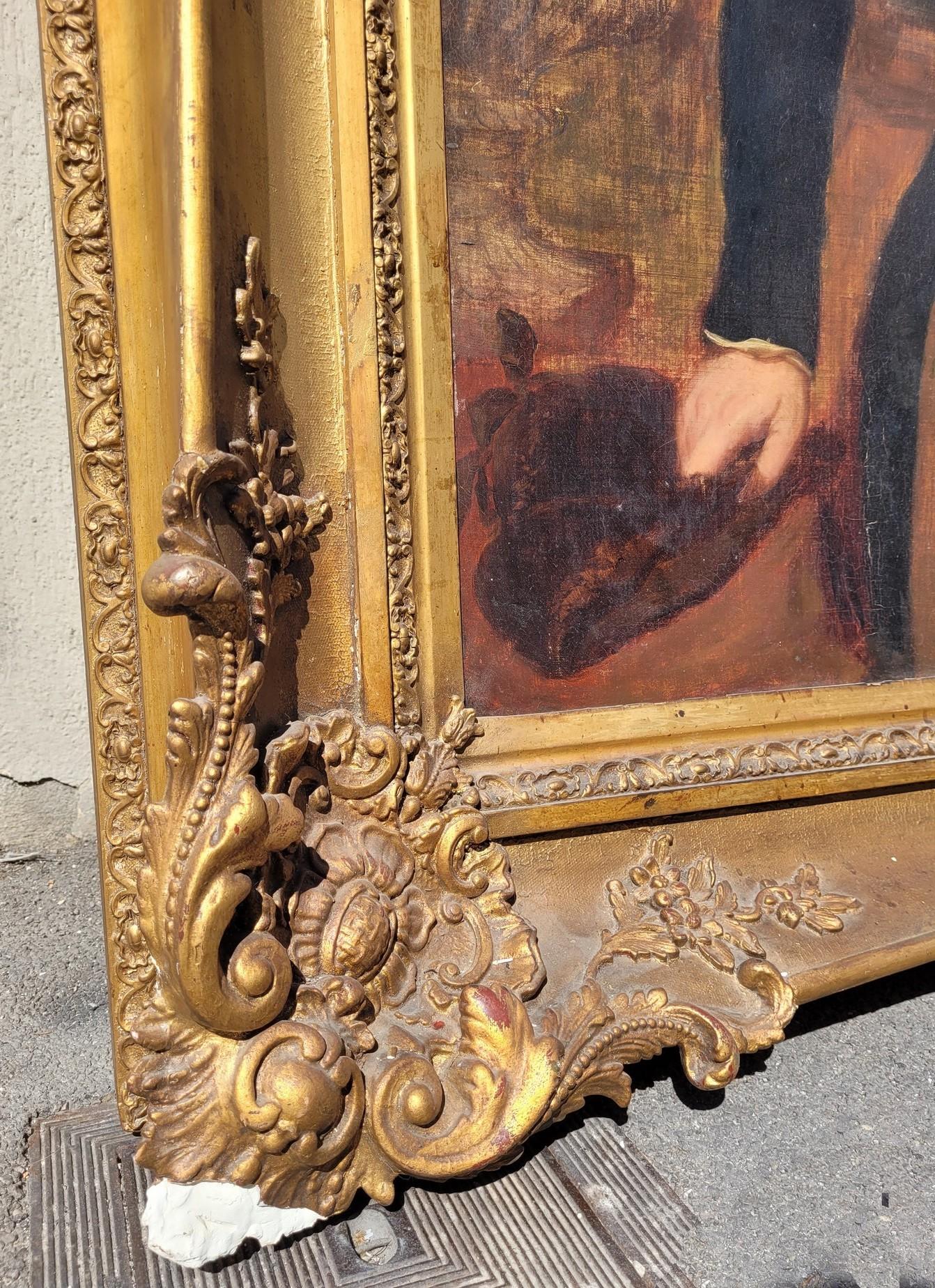 Portrait d'un aristocrates, grande huile sur toile encadrée, 19e siècle en vente 6