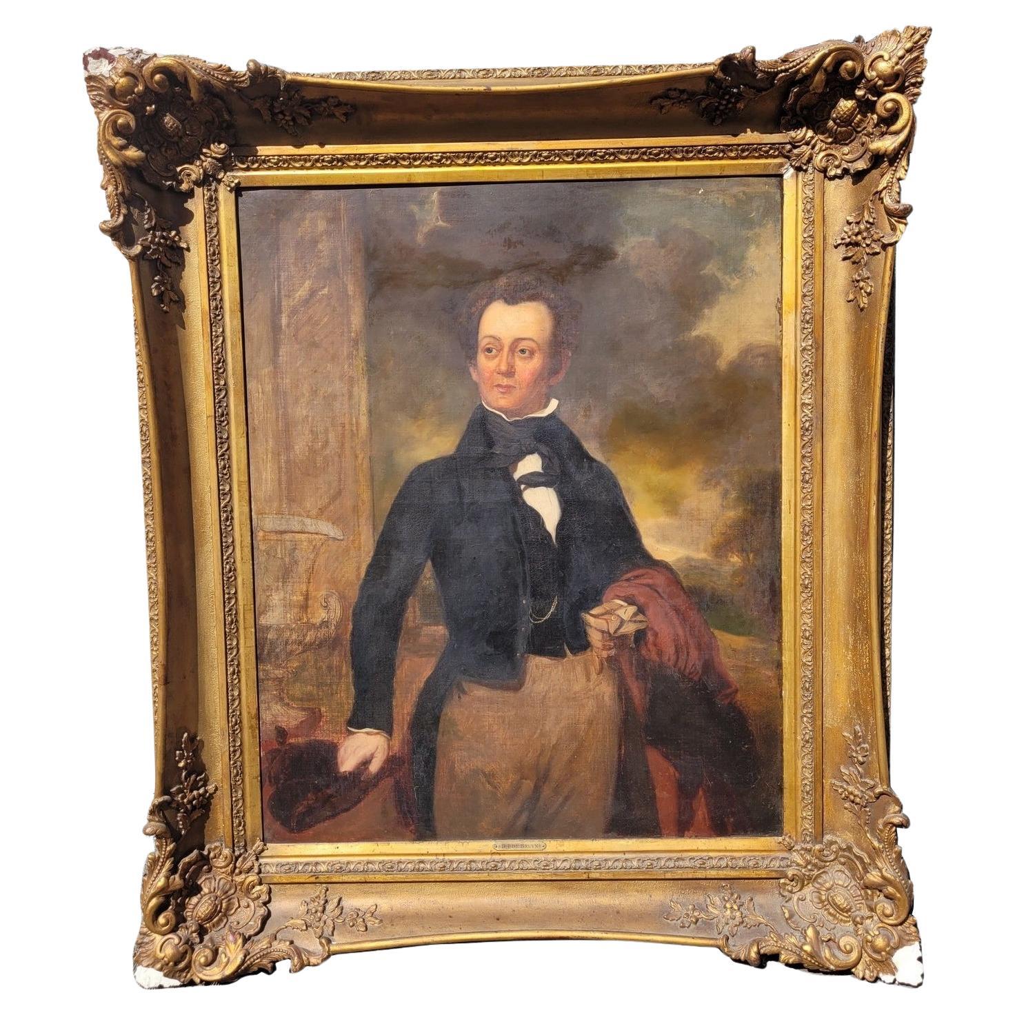 Portrait d'un aristocrates, grande huile sur toile encadrée, 19e siècle en vente