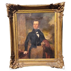 Antique Portrait Of An Aristocrat, Large Oil On Framed Canvas, 19th Century