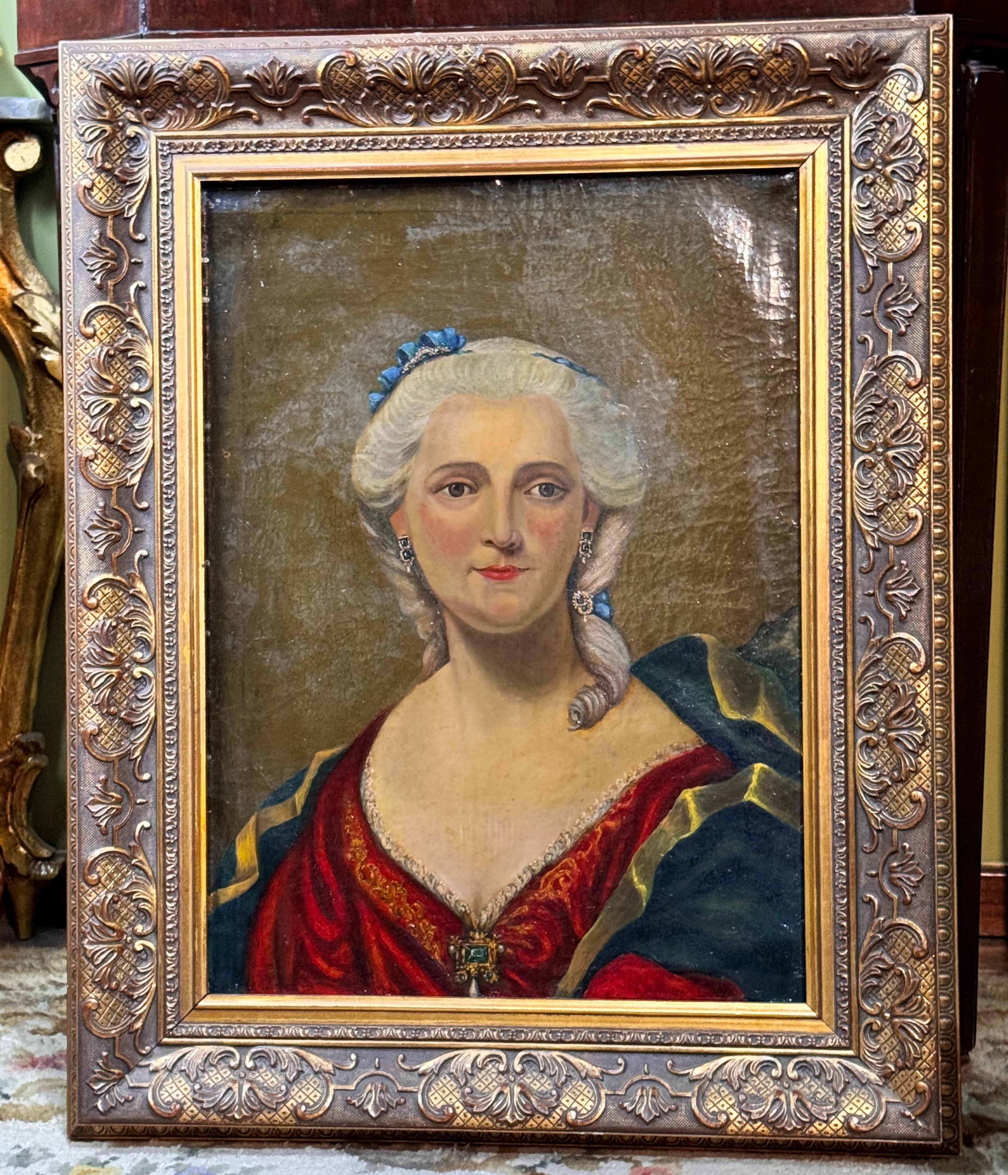 
Porträt einer aristokratischen Dame, Öl auf Leinwand, Europäische Schule, 18.

Öl auf Leinwand, das eine adlige Dame in einem tief ausgeschnittenen roten Kleid und einem blauen Mantel darstellt. Die Nüchternheit der Komposition wird durch die