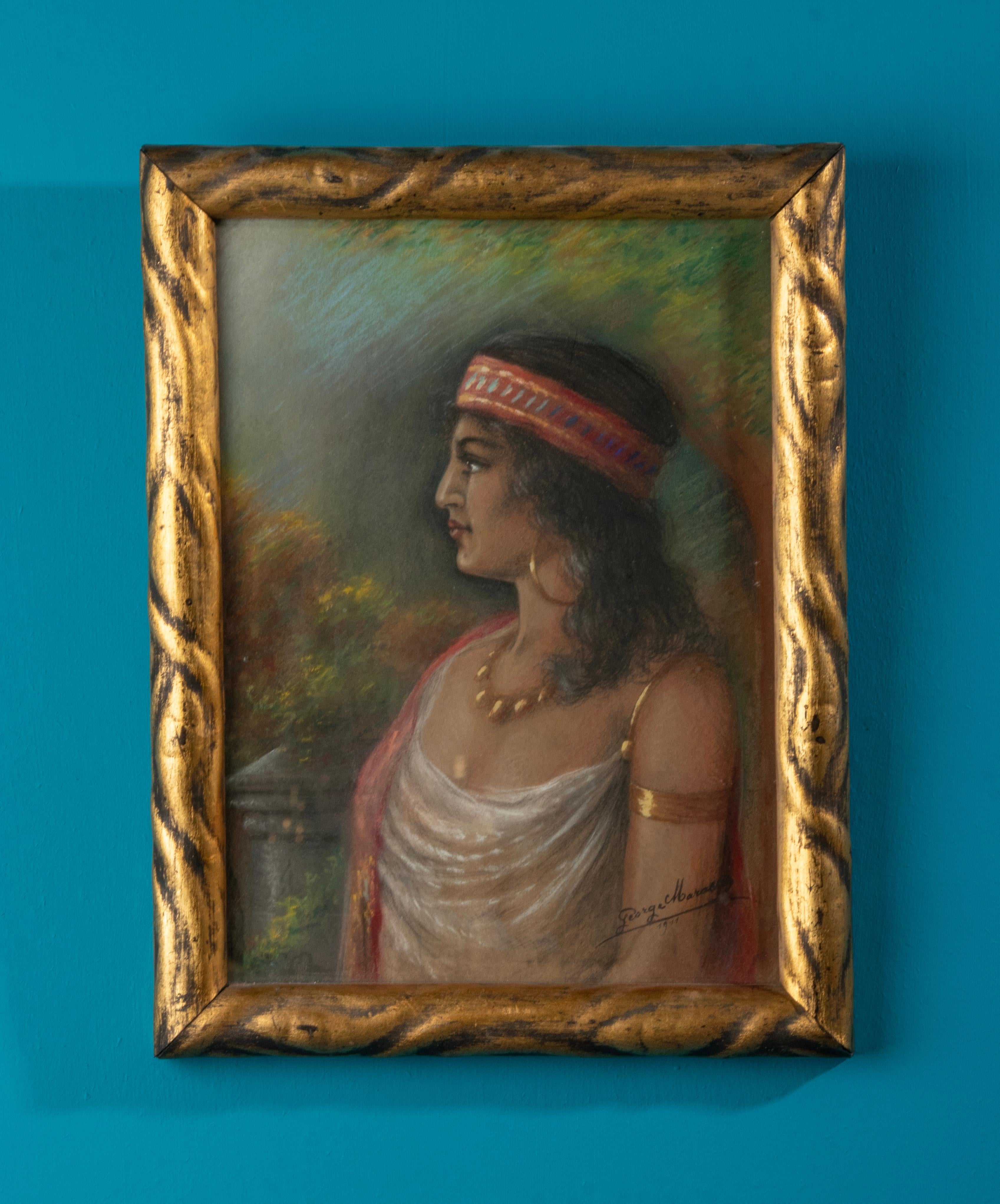 A lovely antique gouache painting, portrait of an Eastern Lady, signed George Marason and dated 1911. 
The painting is framed behind glass in a gilt wooden carved frame, original from the time. 
There is no information found about this painter,