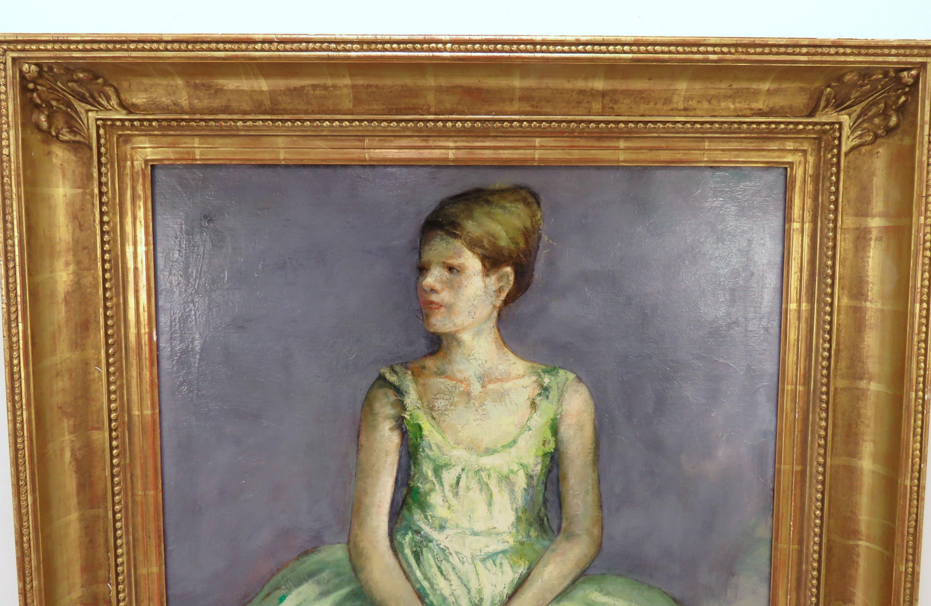 Portrait of a young ballerina by noted artist Charles Lanier, circa 1960s, in a carved gilt frame by Los Angeles frame maker Richard Tobey.