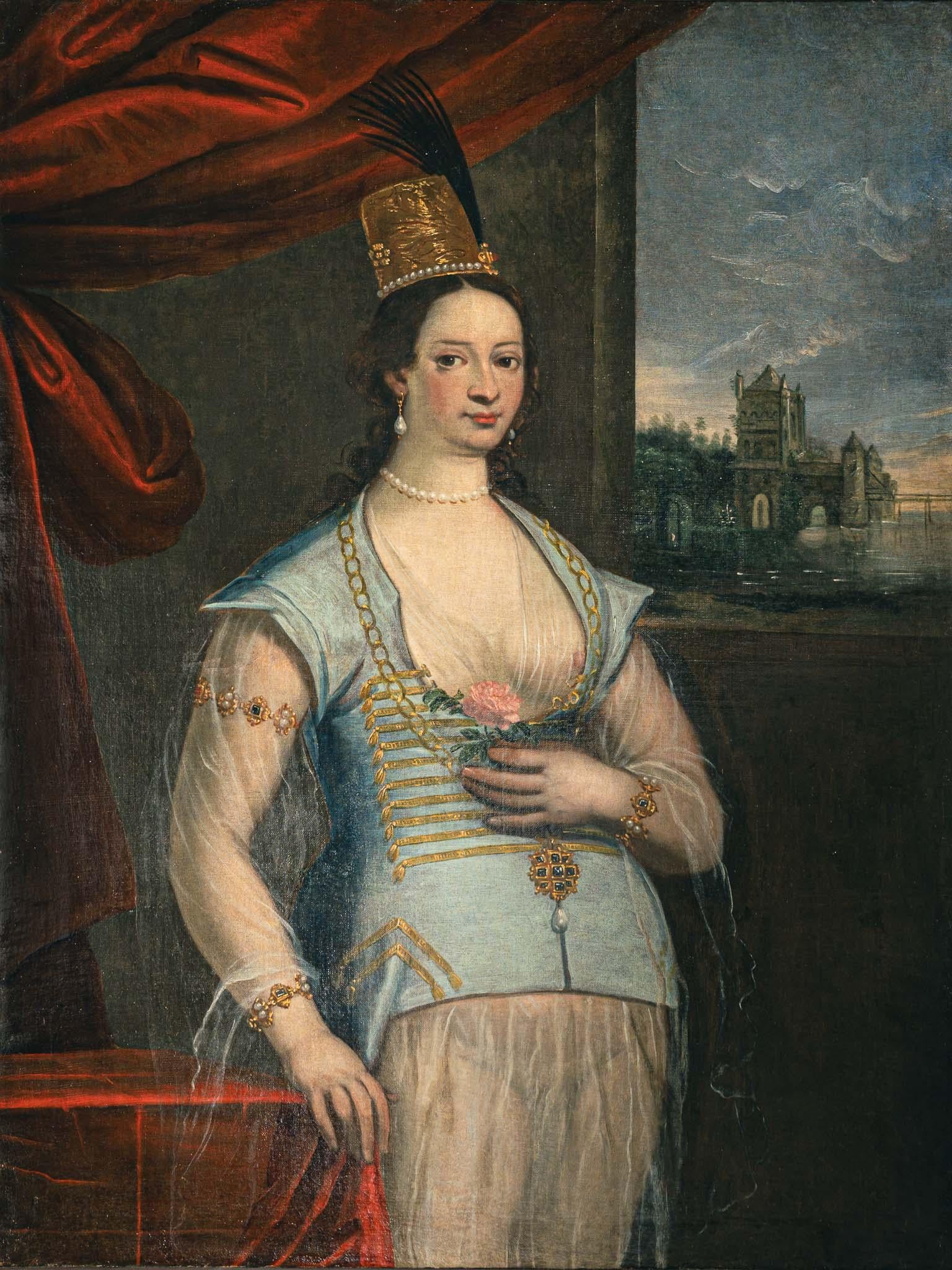 Este evocador retrato de tres cuartos, ejecutado en la Venetian School durante el siglo XVII, representa la figura imaginada de una mujer otomana de élite, realizada en ricos óleos sobre lienzo. Su elaborado tocado, su traje ornamentado y su porte