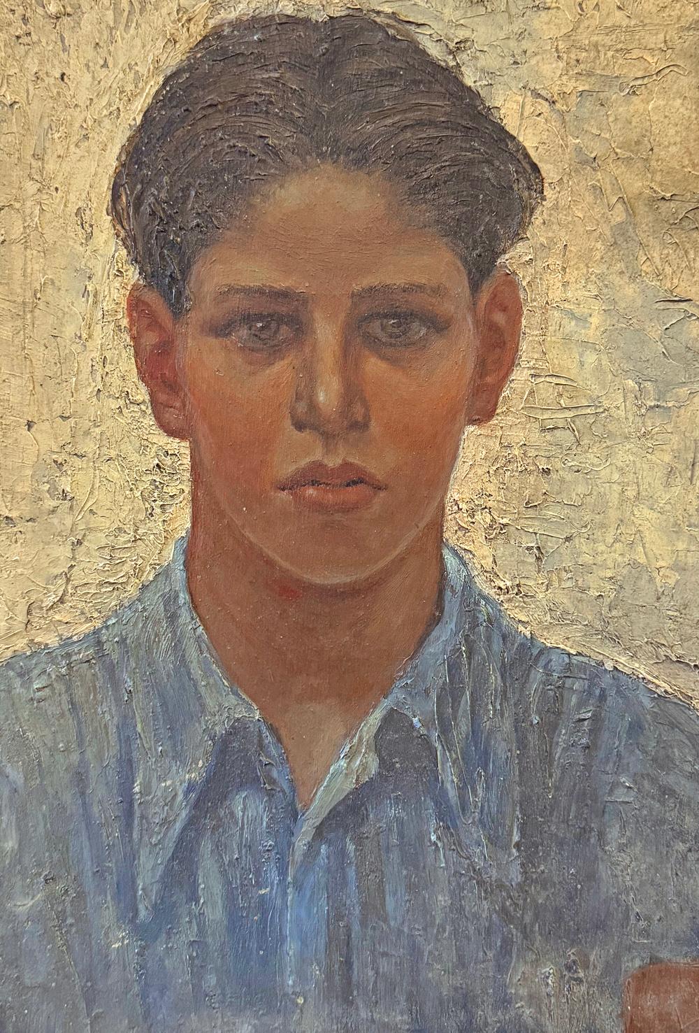 This mesmerizing portrait of an intense and handsome young man, dating to circa 1935, shows him with a thick head of dark hair, deep set eyes and a sensuous mouth -- someone with intelligence and beauty who could go far in life.  The painting